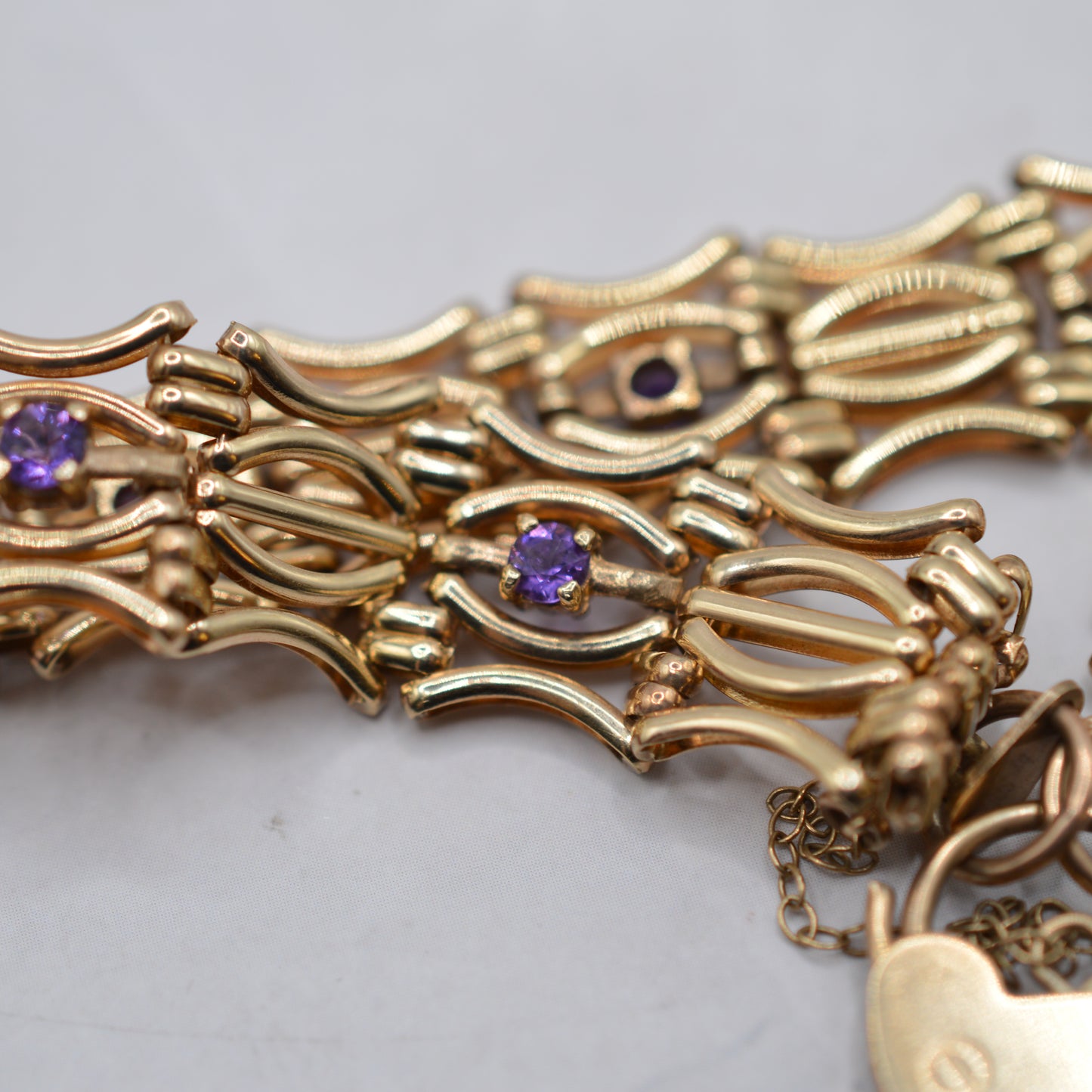 Heavy Chunky 9ct Gold Amethyst Fancy Link Bracelet with Heart Padlock Clasp