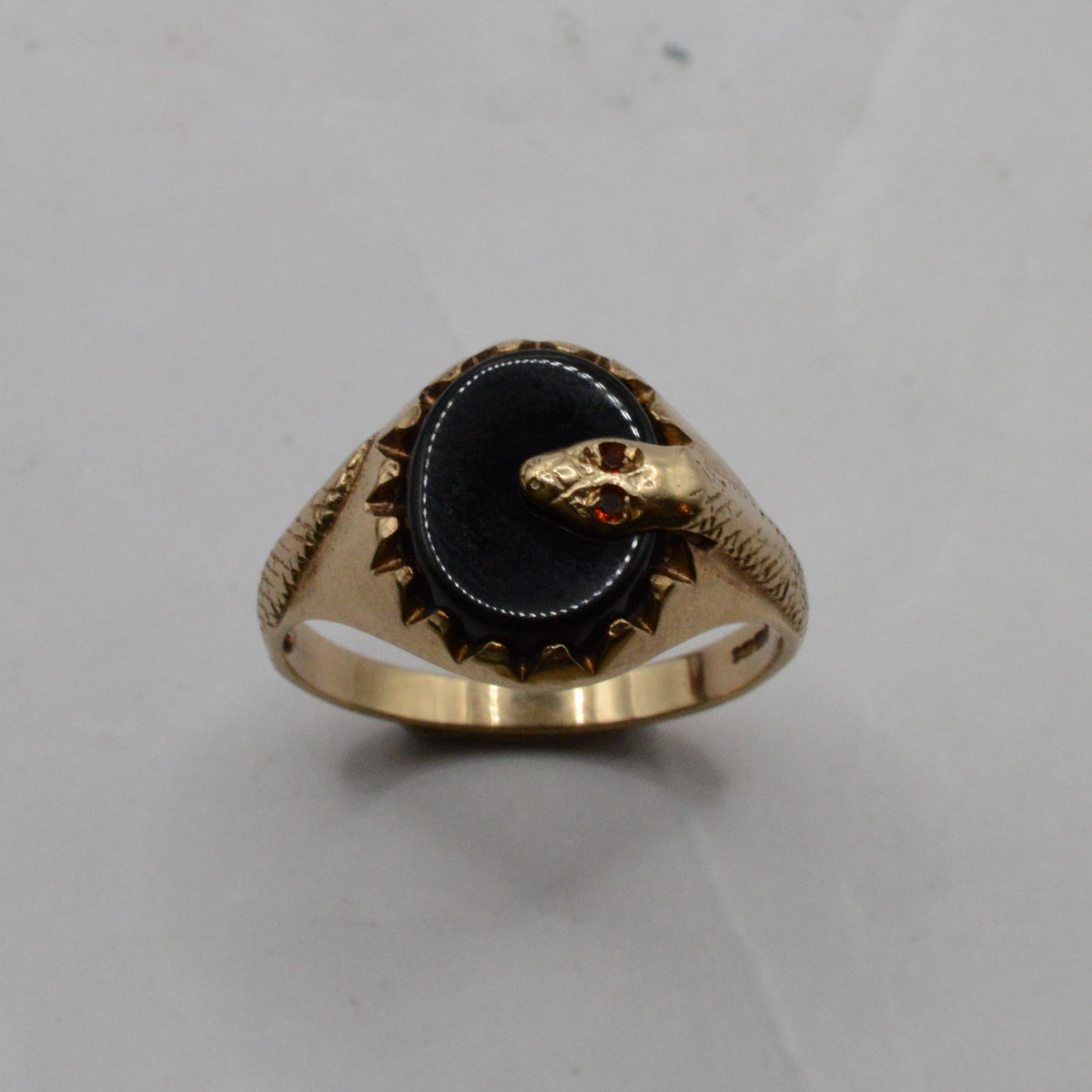 9ct Gold Onyx & Garnet Snake Signet Ring
