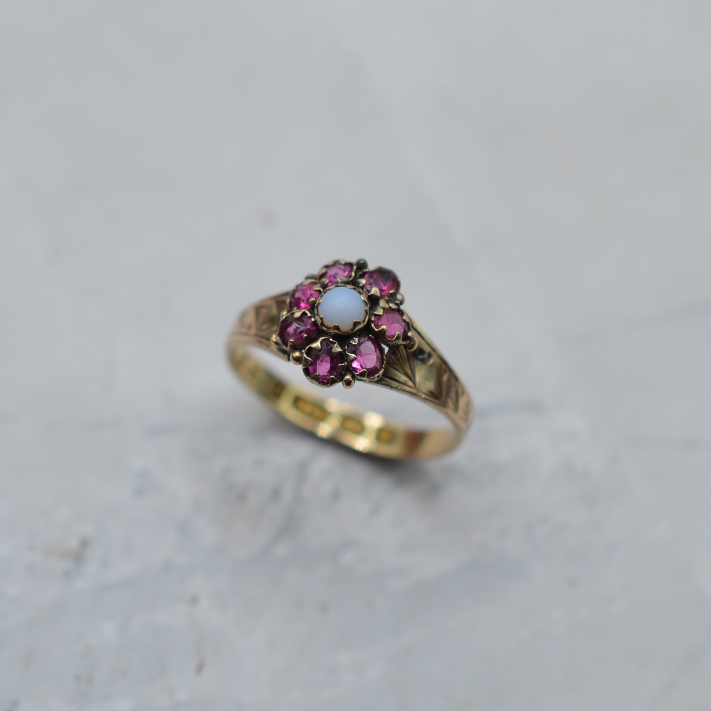 Victorian Antique 9ct Gold Opal & Ruby Cluster Ring