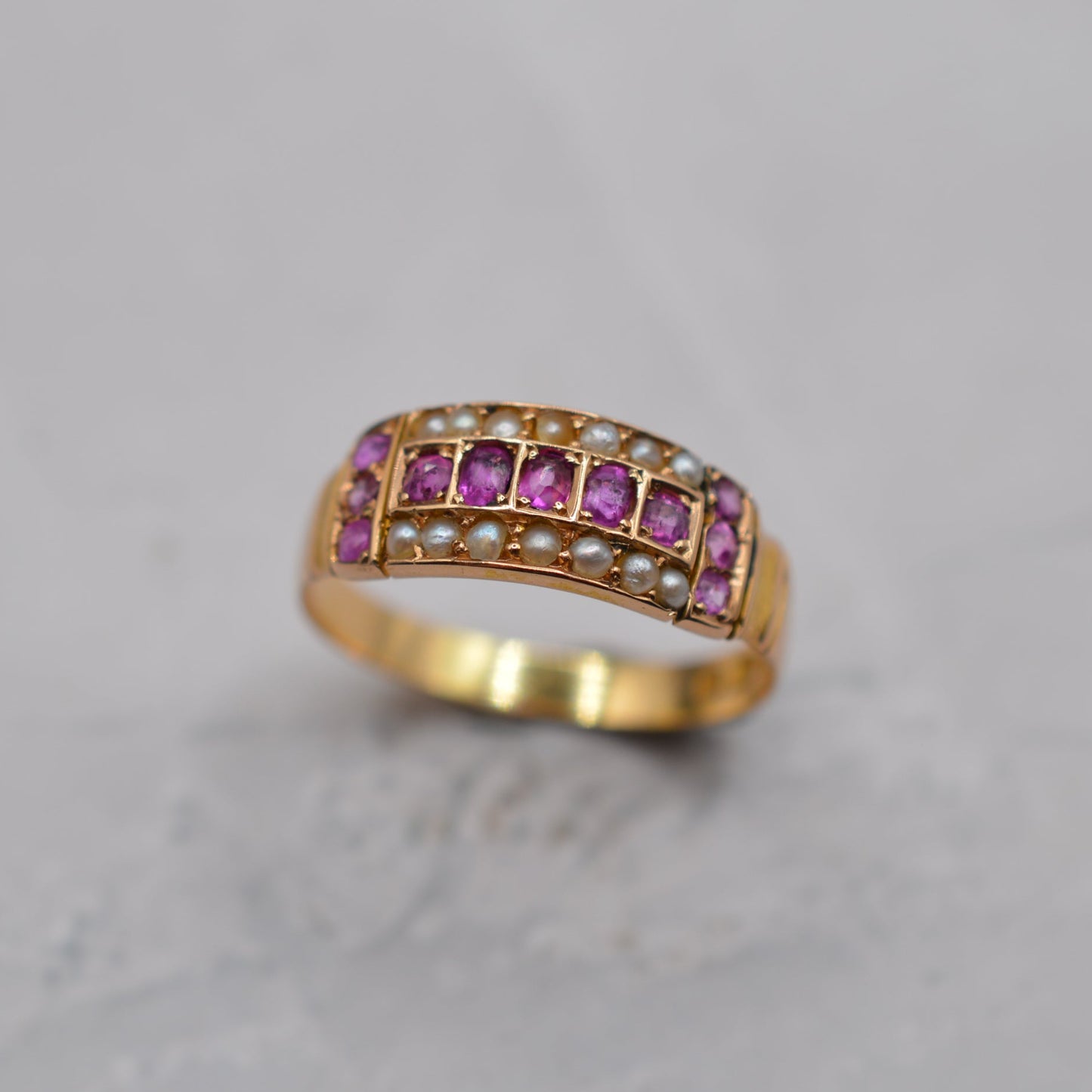 Antique 1886 Victorian 18ct Gold Ruby & Pearl Ring