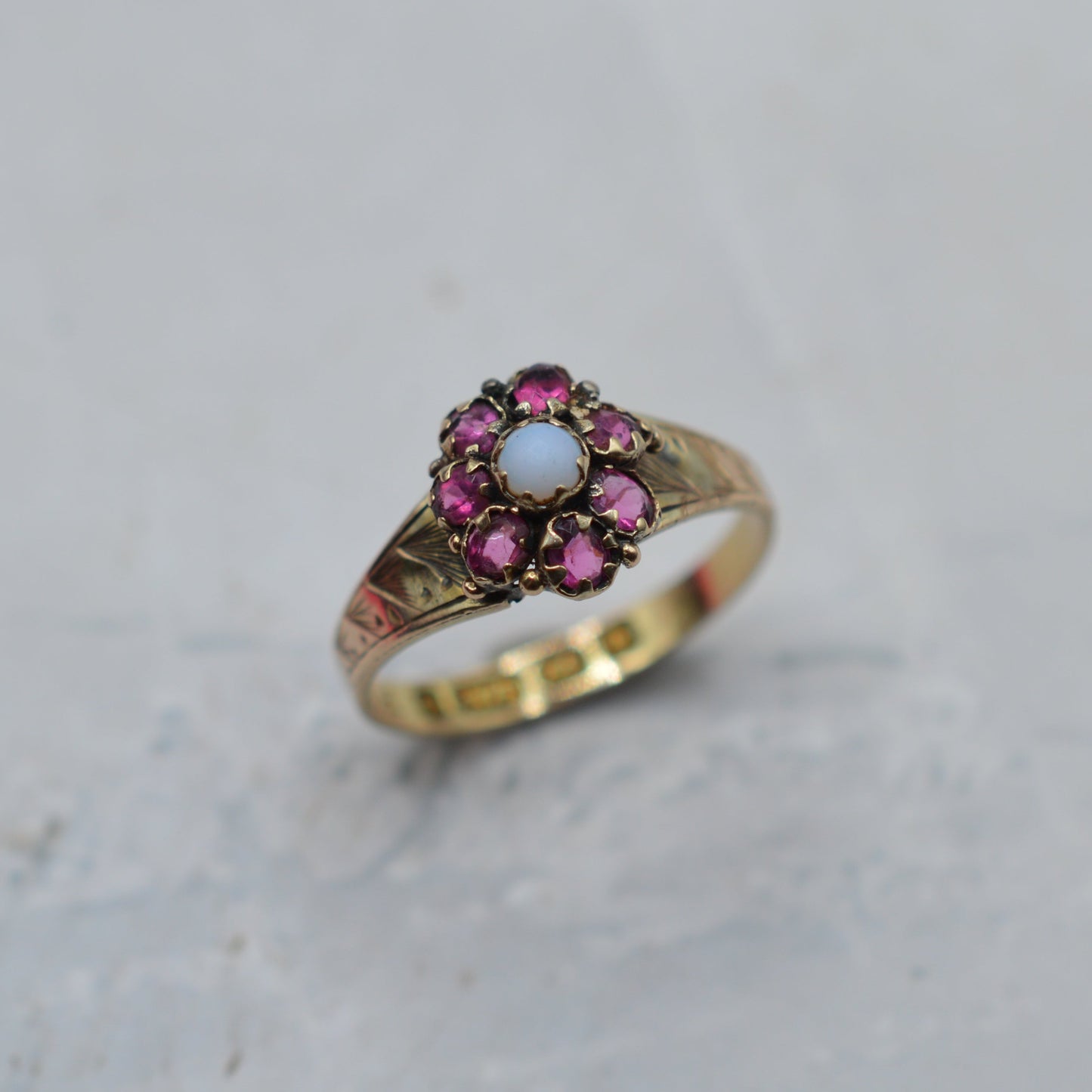 Victorian Antique 9ct Gold Opal & Ruby Cluster Ring