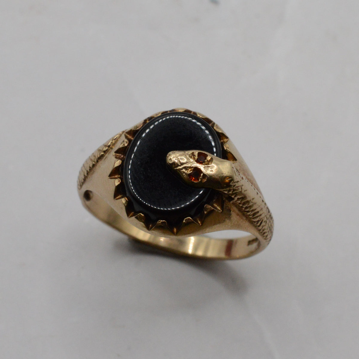 9ct Gold Onyx & Garnet Snake Signet Ring