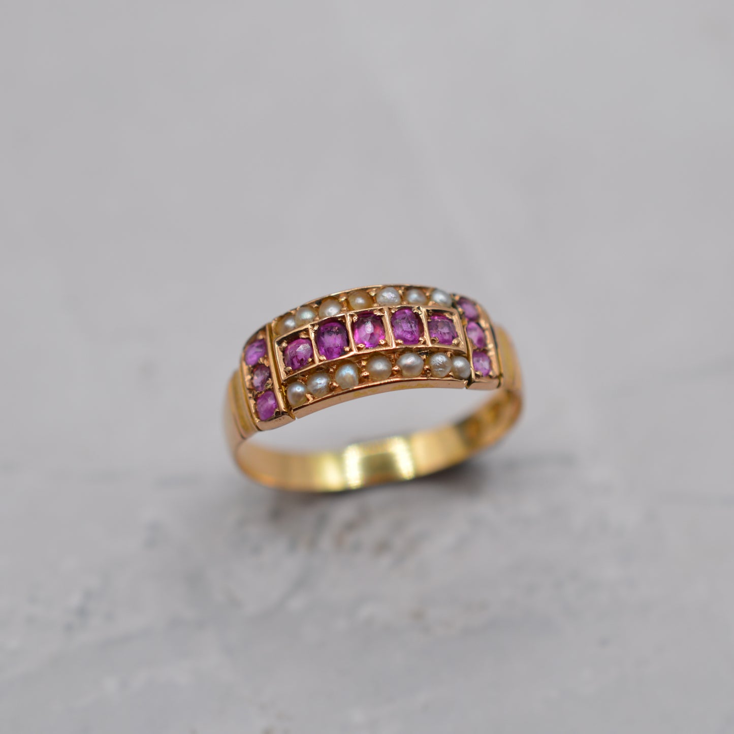 Antique 1886 Victorian 18ct Gold Ruby & Pearl Ring