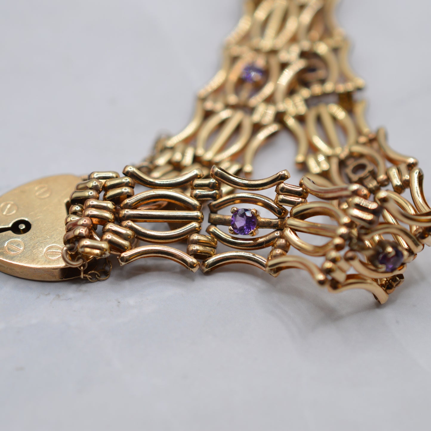 Heavy Chunky 9ct Gold Amethyst Fancy Link Bracelet with Heart Padlock Clasp
