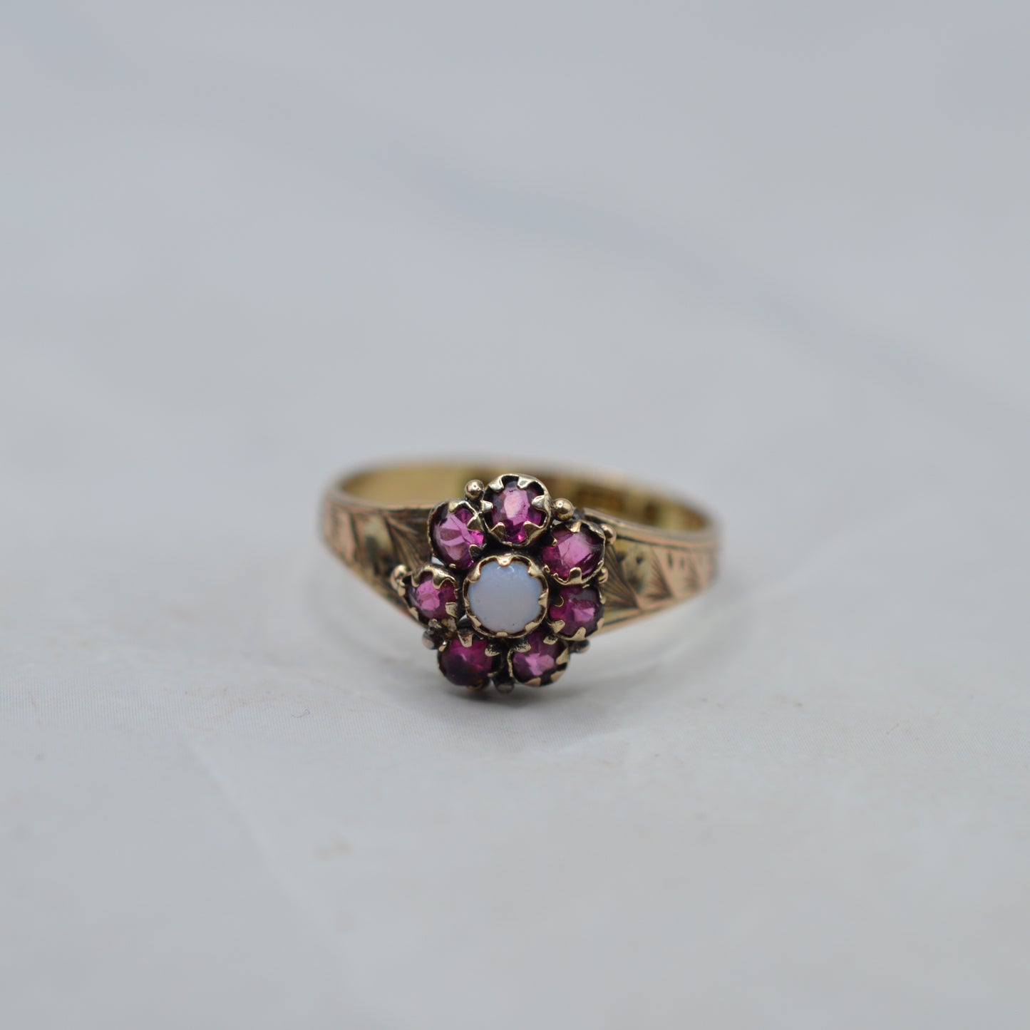 Victorian Antique 9ct Gold Opal & Ruby Cluster Ring