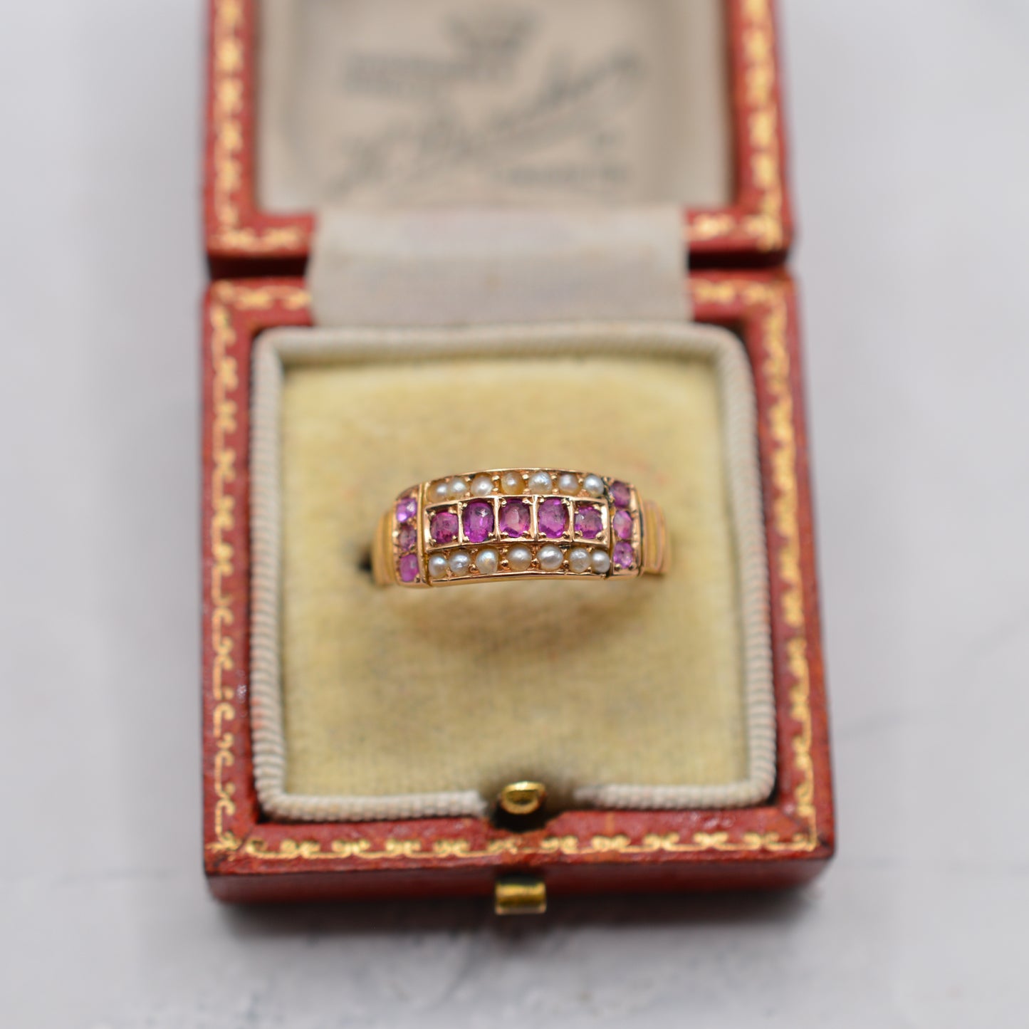 Antique 1886 Victorian 18ct Gold Ruby & Pearl Ring