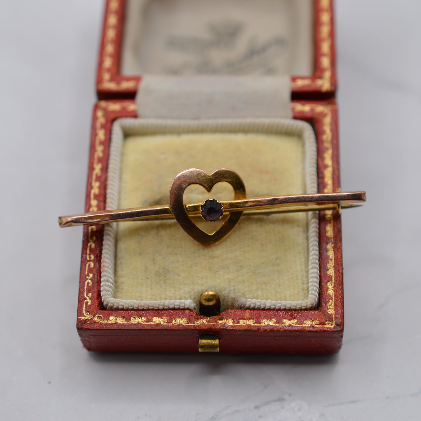 Antique Victorian 9ct Gold Paste Heart Bar Brooch