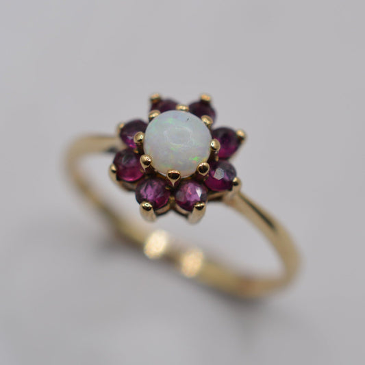 1970s Vintage 9ct Gold Opal & Ruby Cluster Ring