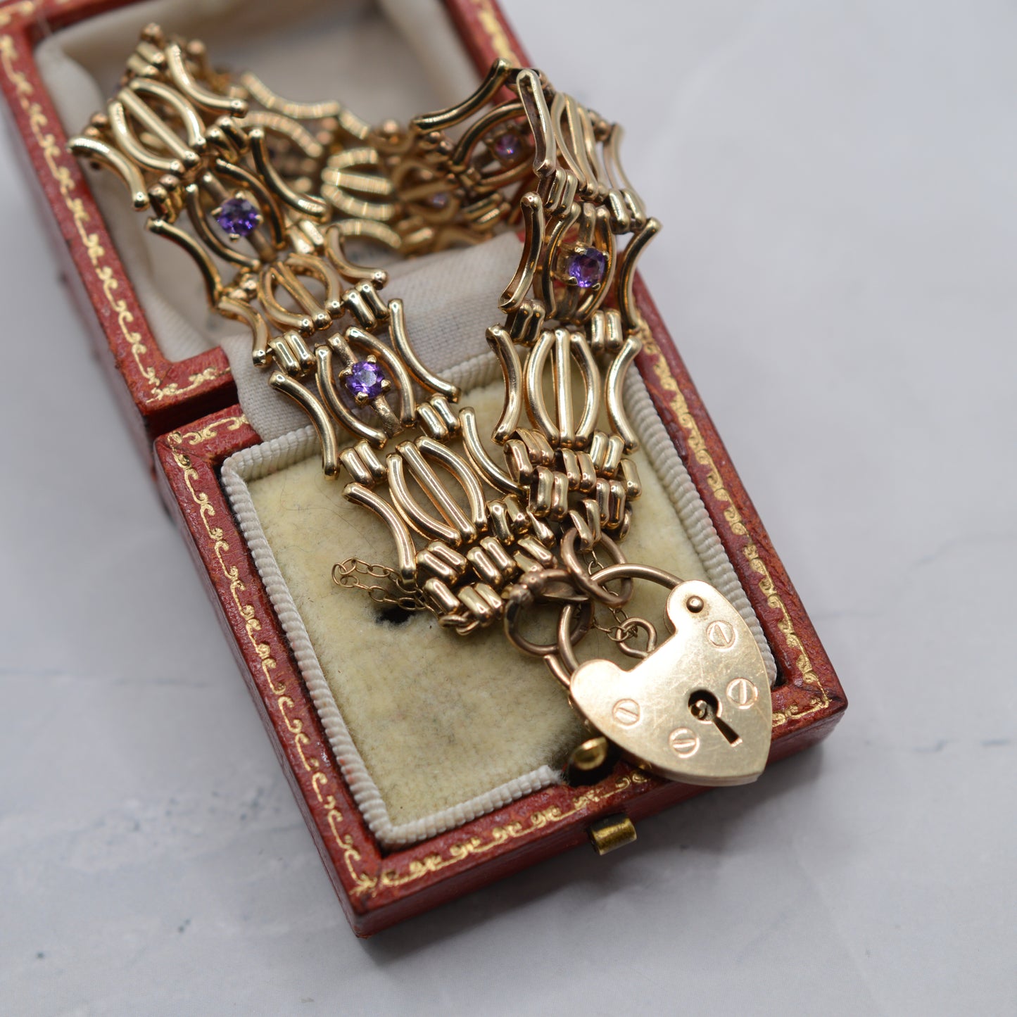 Heavy Chunky 9ct Gold Amethyst Fancy Link Bracelet with Heart Padlock Clasp