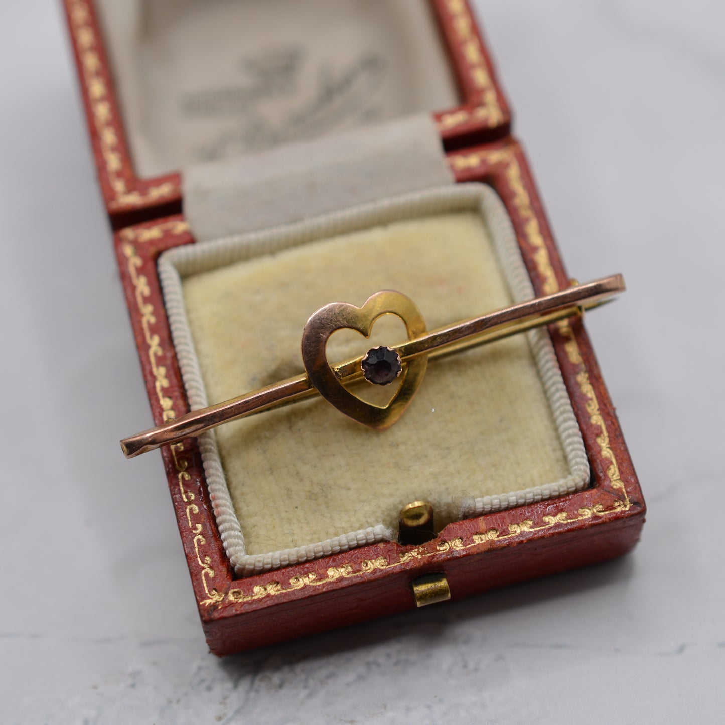 Antique Victorian 9ct Gold Paste Heart Bar Brooch