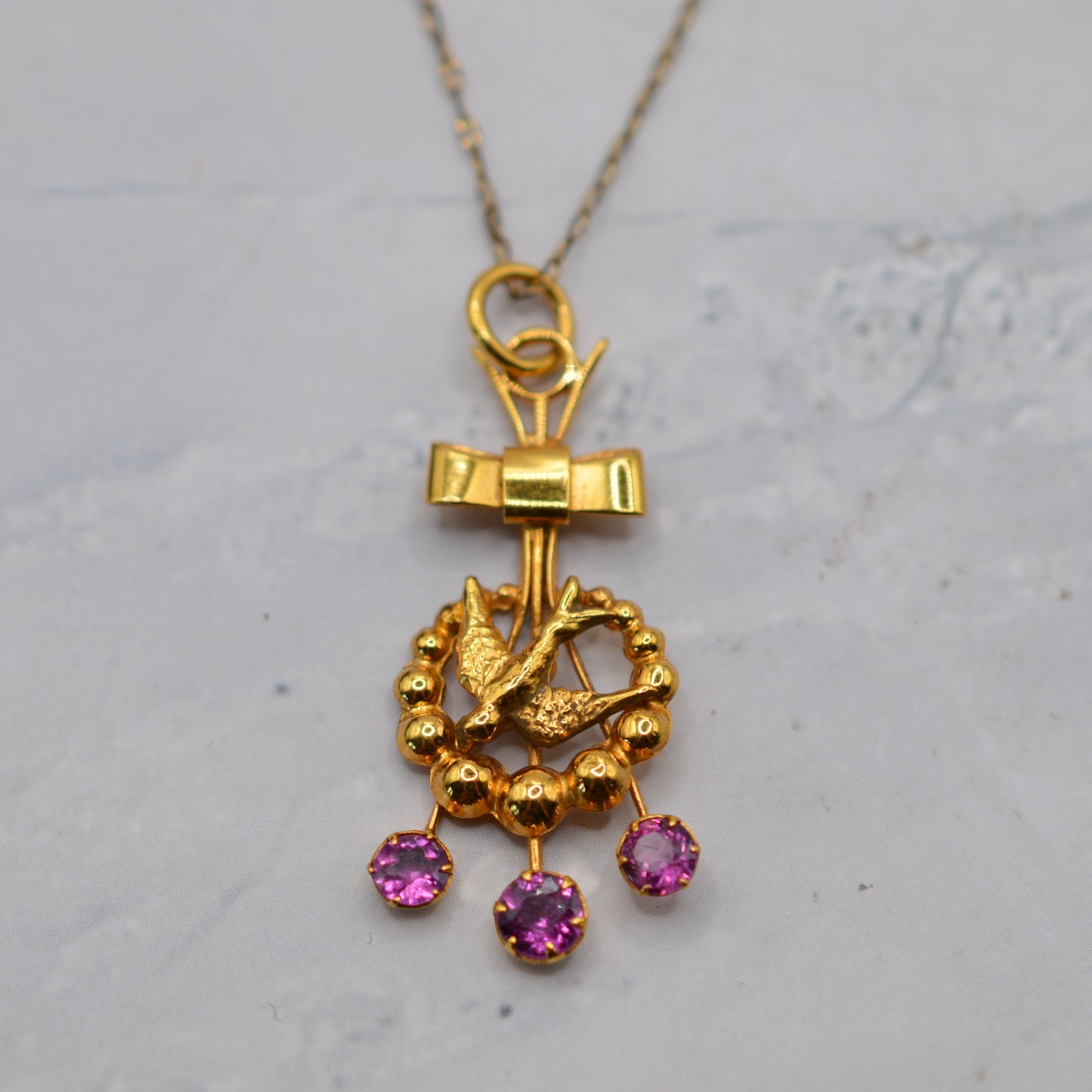 Antique Victorian 9ct Gold Swallow & Bow Tourmaline Pendant Necklace