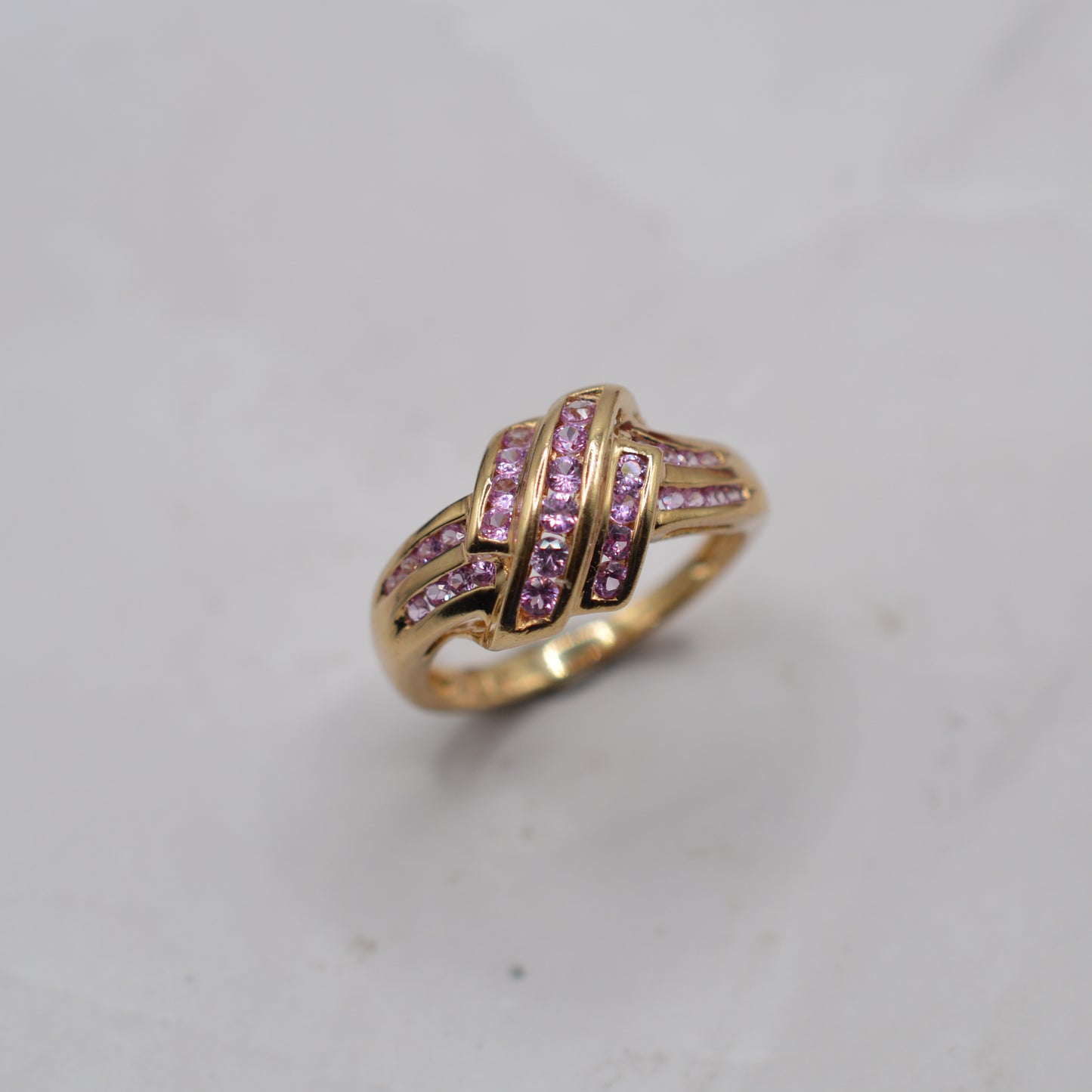 Y2K Chunky 9ct Gold Pink Topaz Crossover Ring