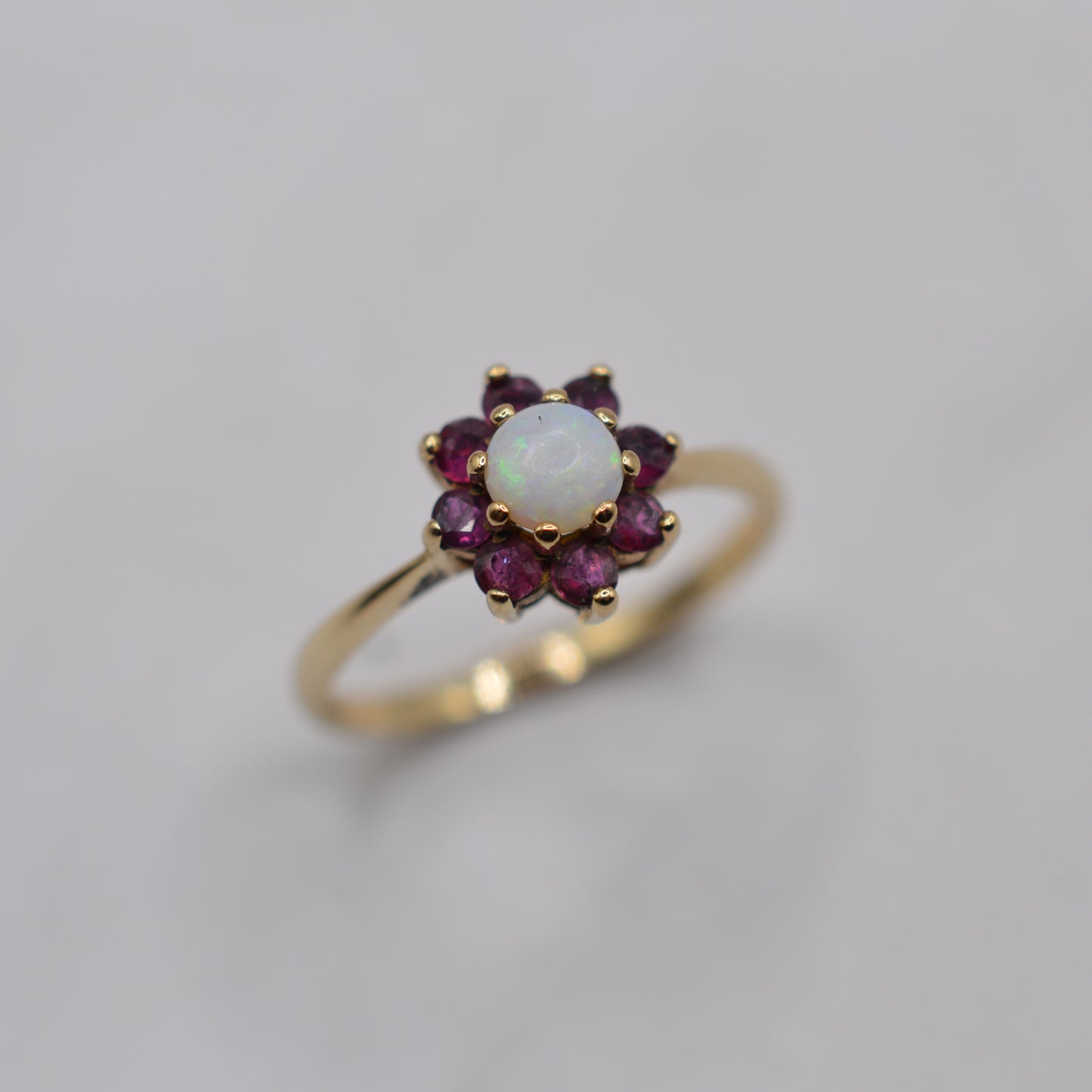 1970s Vintage 9ct Gold Opal & Ruby Cluster Ring