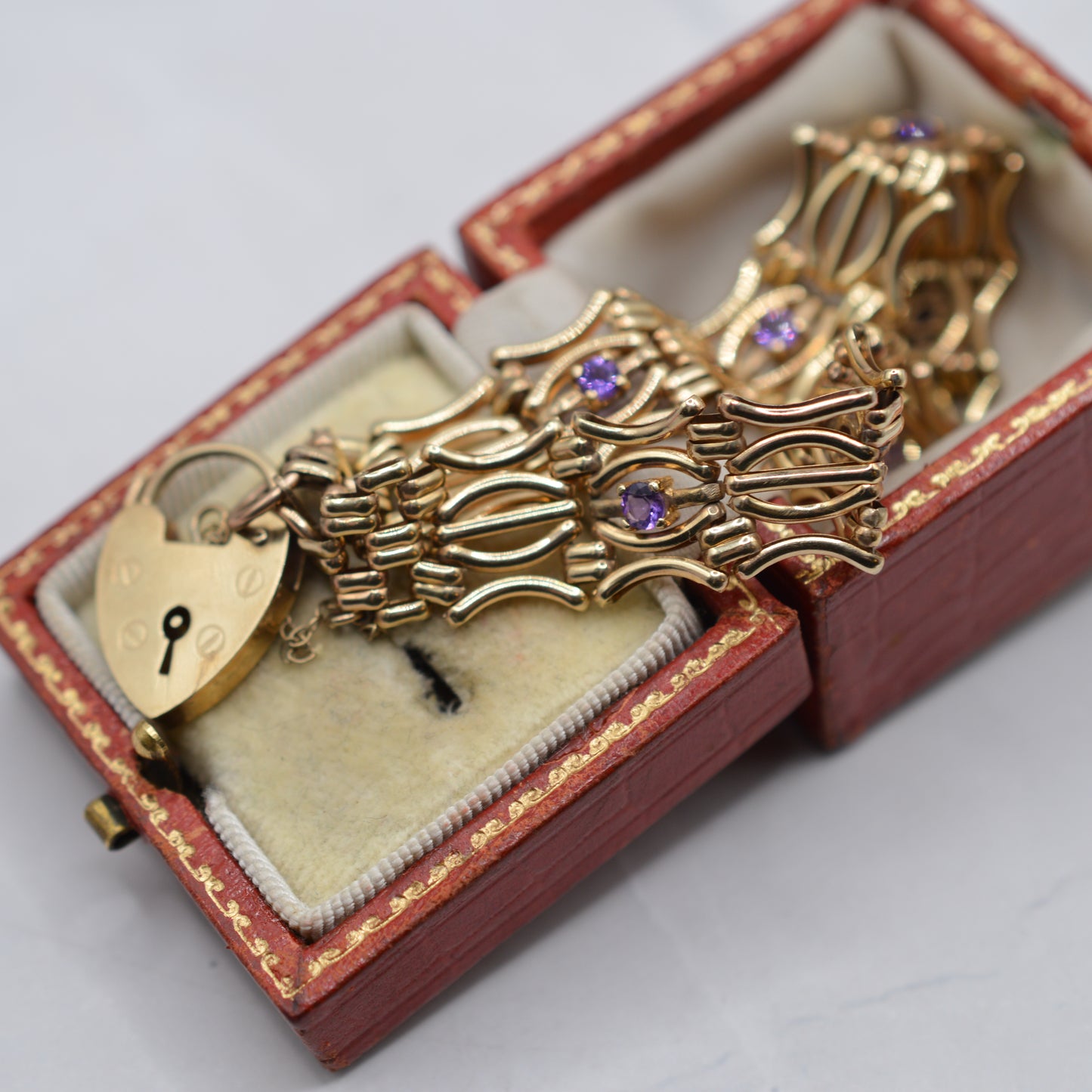 Heavy Chunky 9ct Gold Amethyst Fancy Link Bracelet with Heart Padlock Clasp