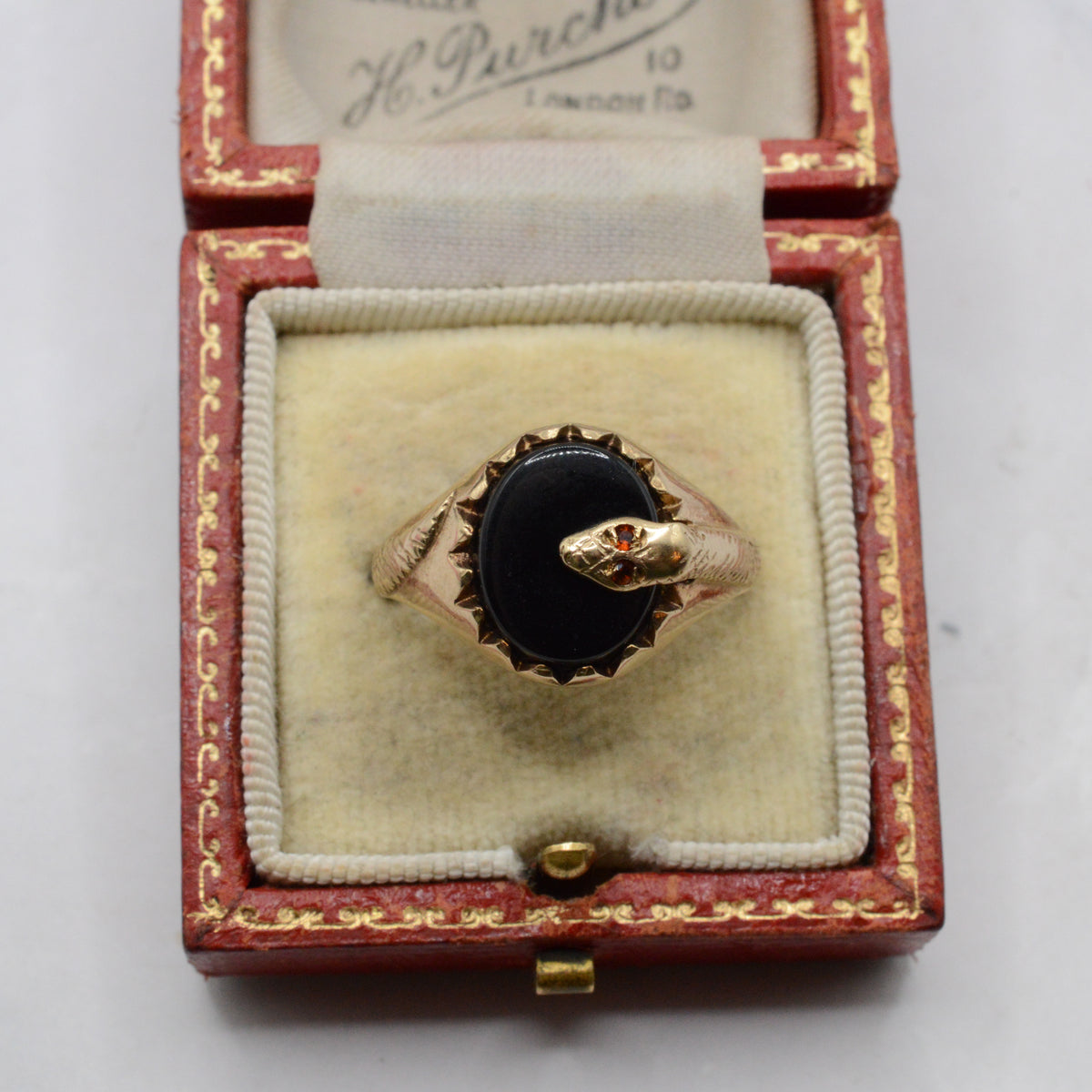 9ct Gold Onyx & Garnet Snake Signet Ring