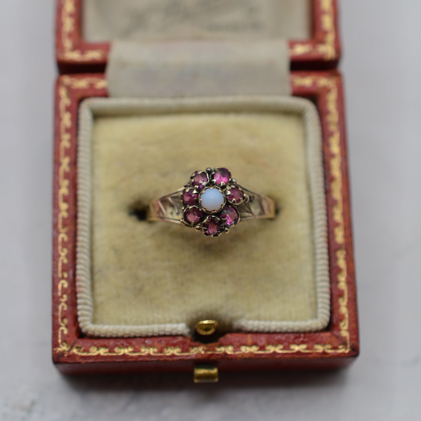Victorian Antique 9ct Gold Opal & Ruby Cluster Ring