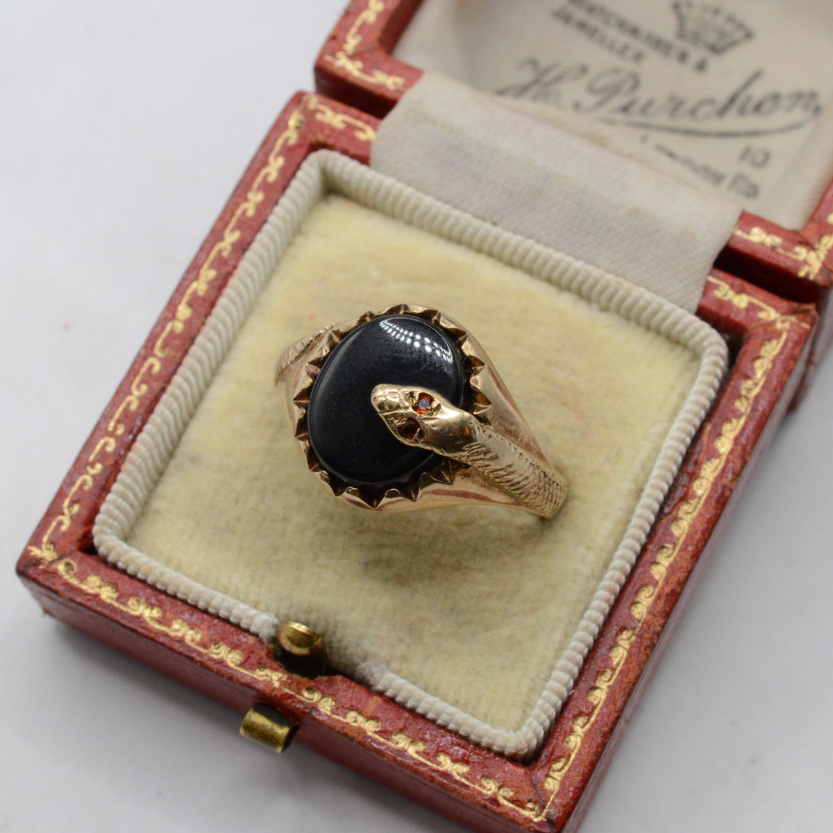 9ct Gold Onyx & Garnet Snake Signet Ring