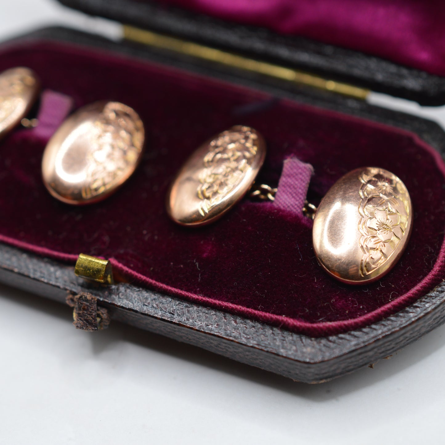 Antique 1920s 9ct Rose Gold Engraved Cufflinks with Presentation Box