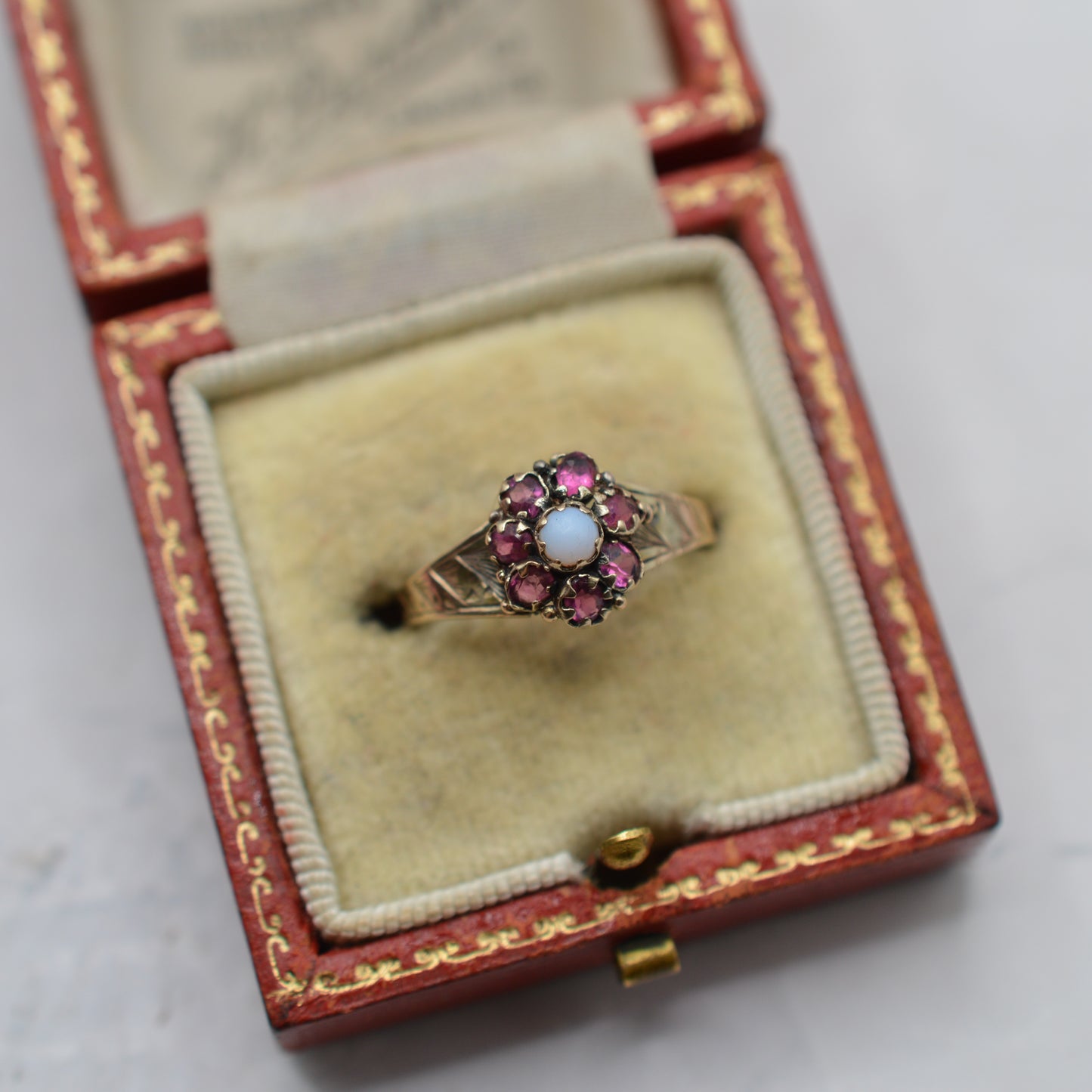 Victorian Antique 9ct Gold Opal & Ruby Cluster Ring