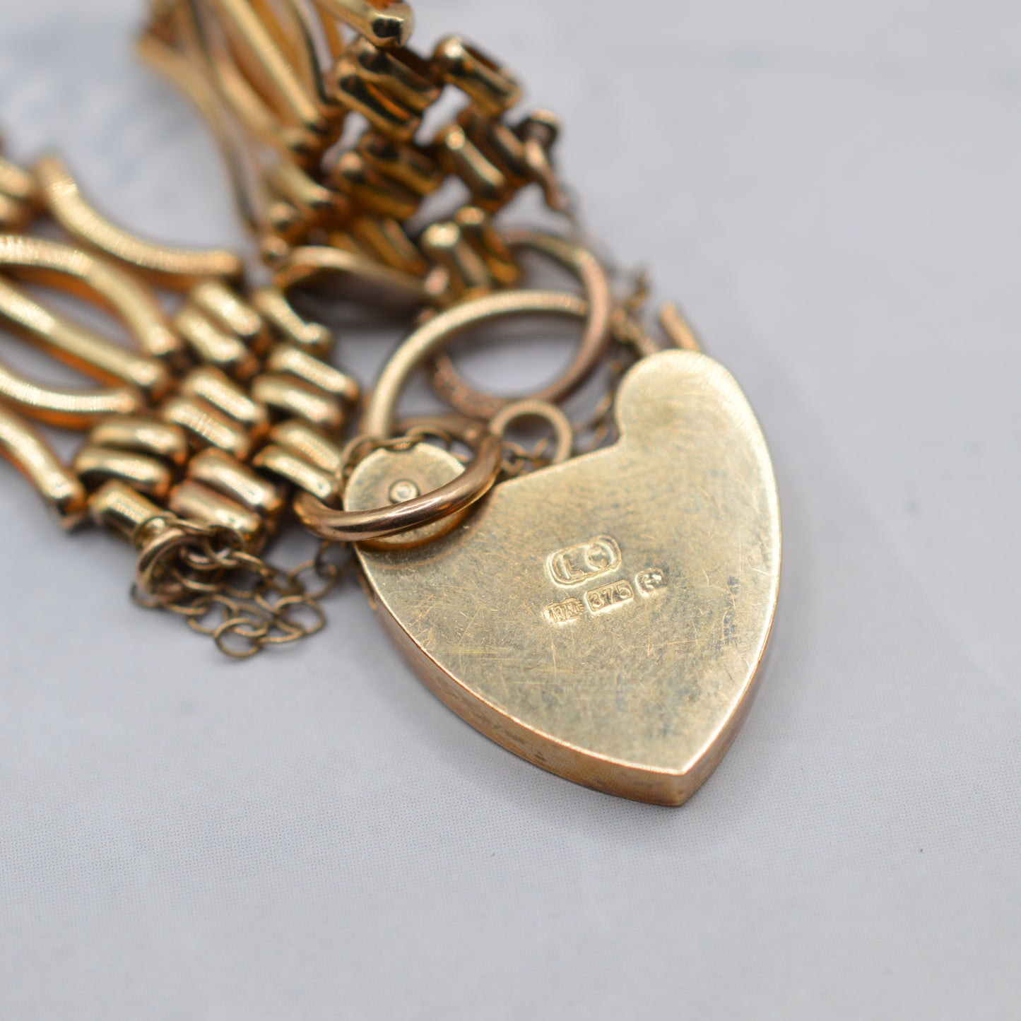 Heavy Chunky 9ct Gold Amethyst Fancy Link Bracelet with Heart Padlock Clasp