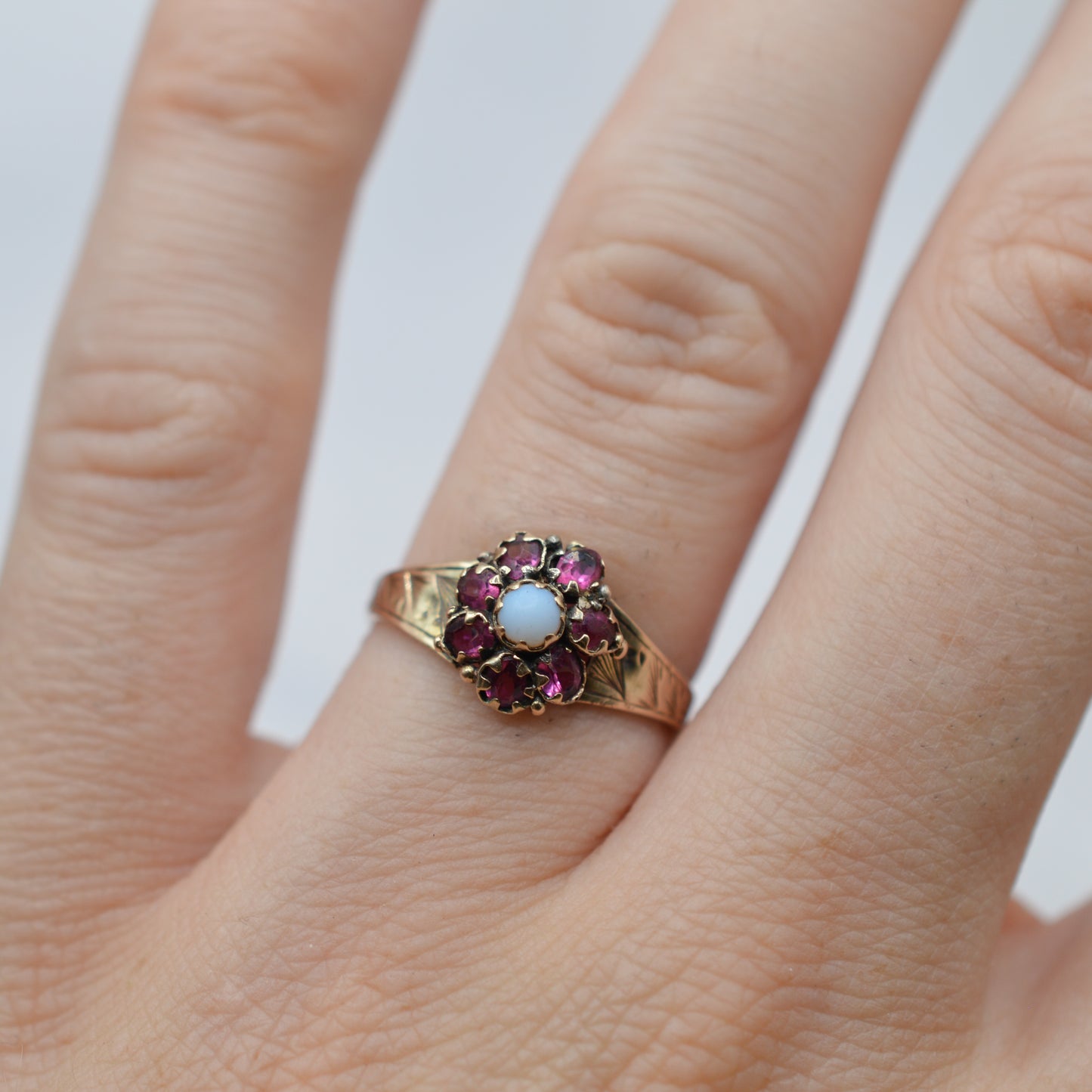 Victorian Antique 9ct Gold Opal & Ruby Cluster Ring
