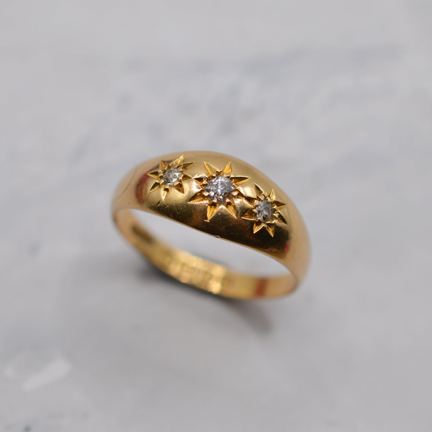 Antique 1912 18ct Gold Diamond Starburst Gypsy Trilogy Ring