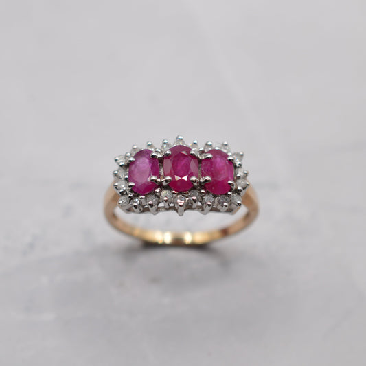 9ct Gold Ruby & Diamond Trilogy Cluster Ring