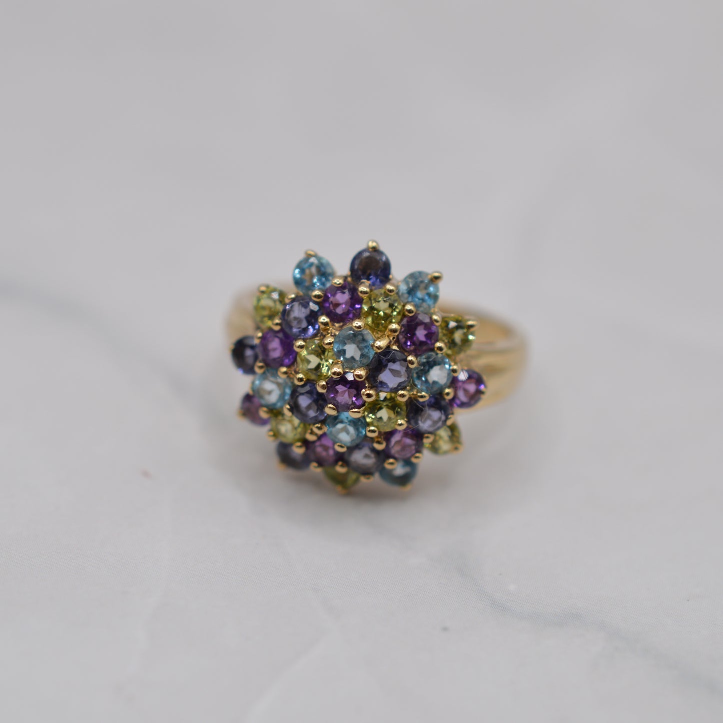 Chunky Y2K 9ct Gold Multi-Gem Cluster Ring – Amethyst, Peridot, Topaz & Iolite