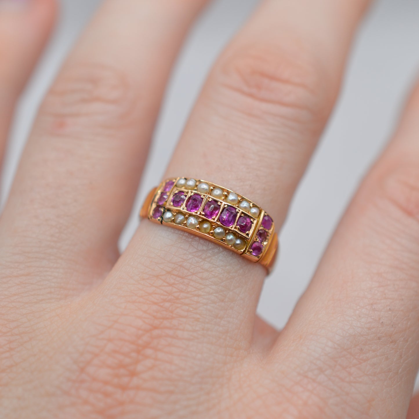Antique 1886 Victorian 18ct Gold Ruby & Pearl Ring