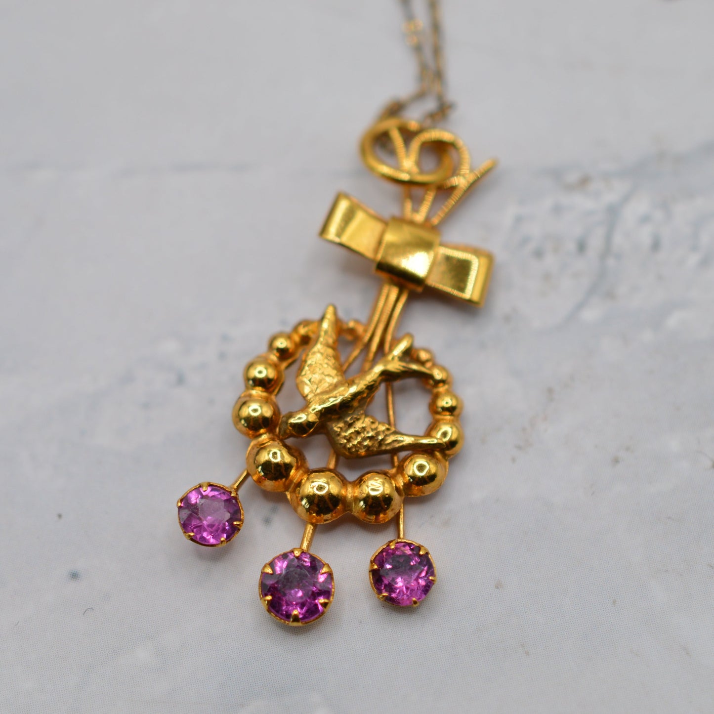 Antique Victorian 9ct Gold Swallow & Bow Tourmaline Pendant Necklace