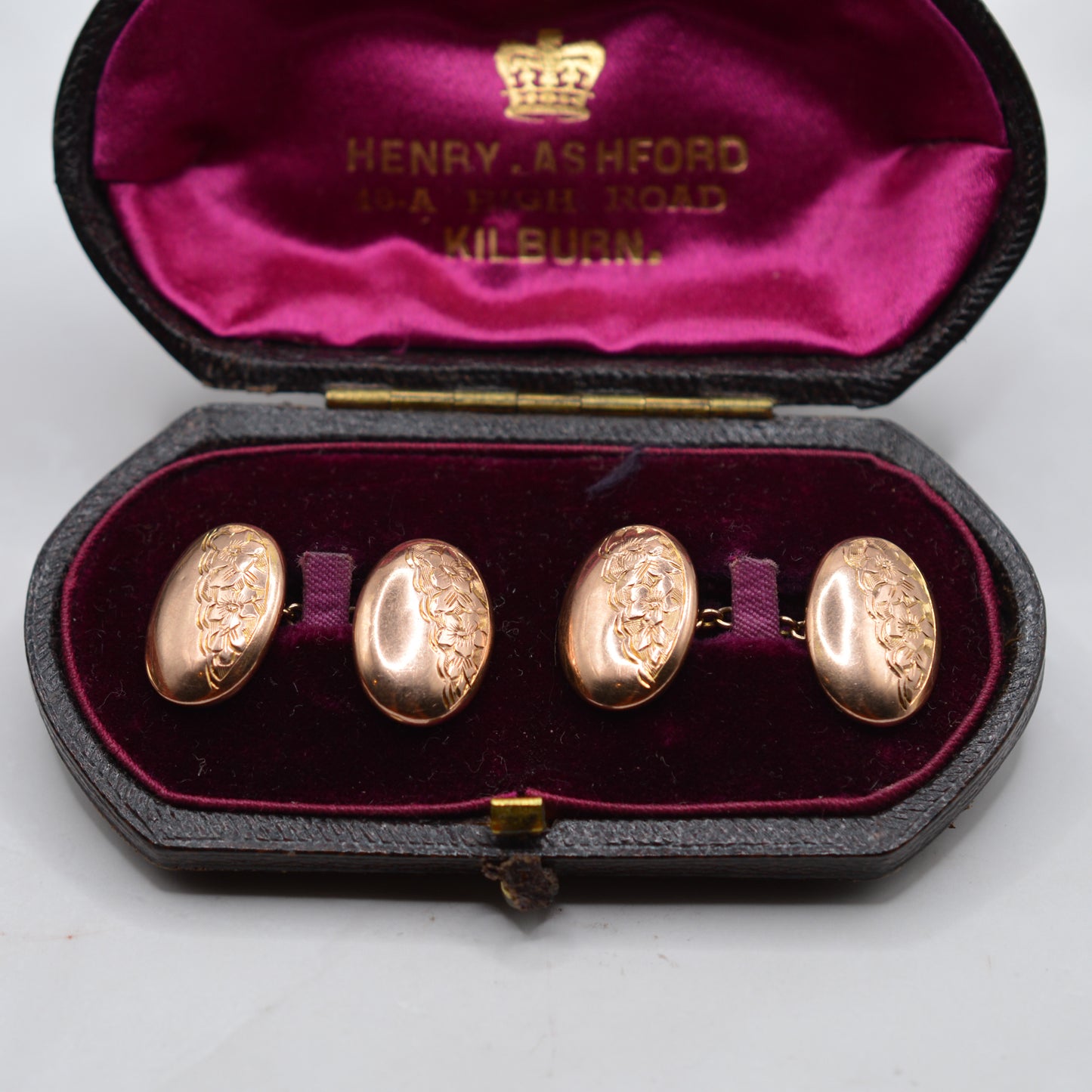 Antique 1920s 9ct Rose Gold Engraved Cufflinks with Presentation Box