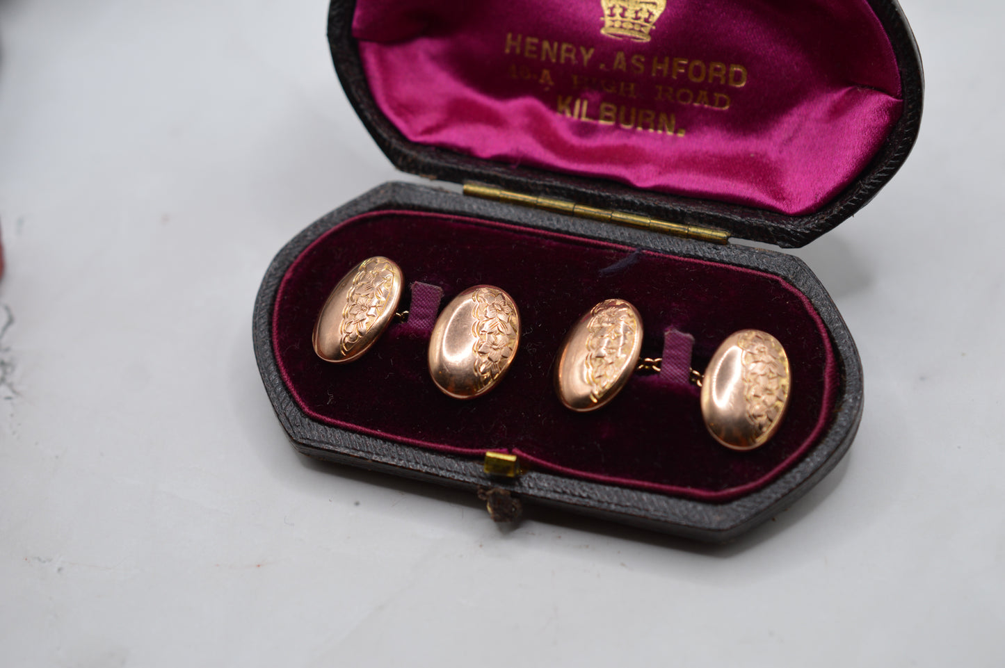 Antique 1920s 9ct Rose Gold Engraved Cufflinks with Presentation Box
