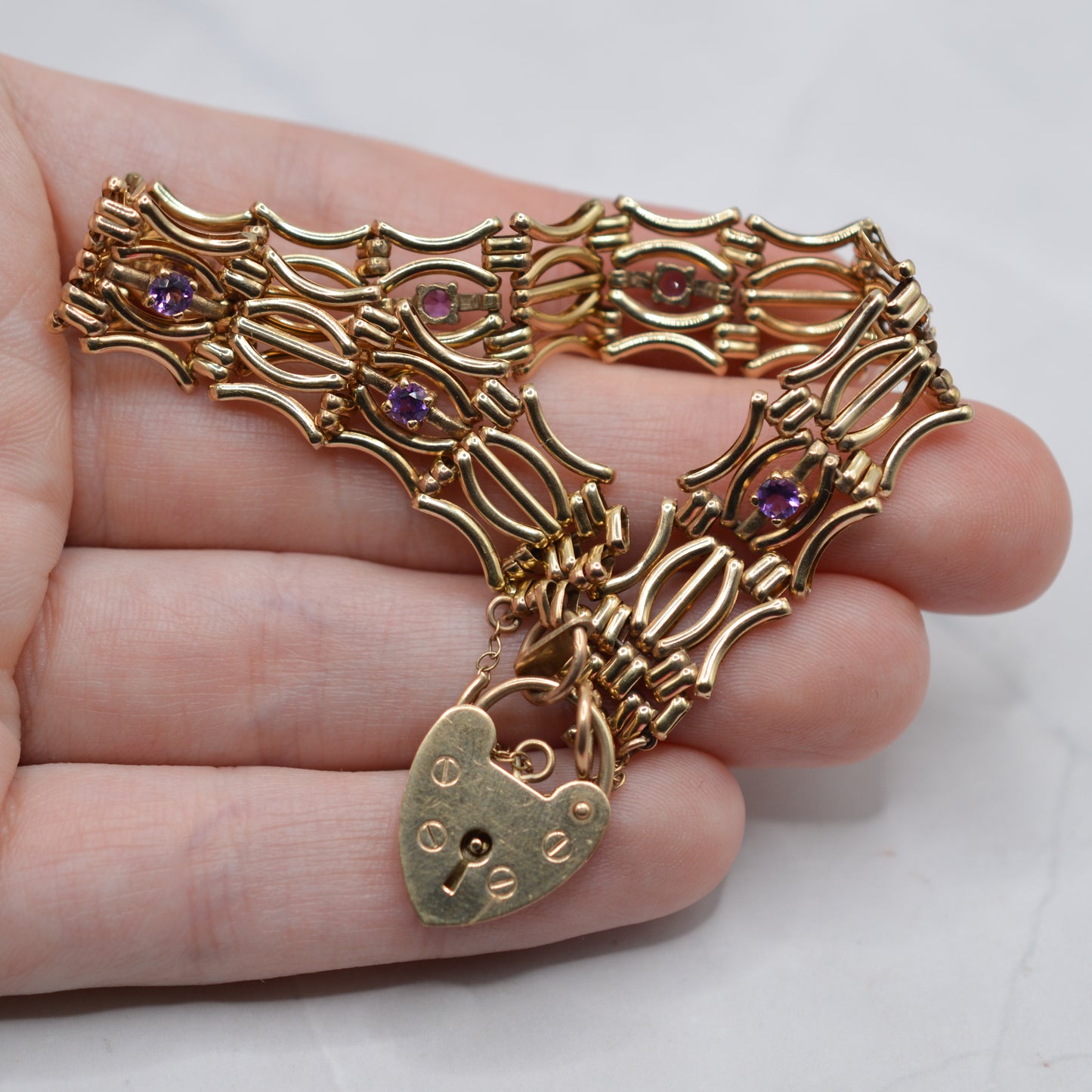 Heavy Chunky 9ct Gold Amethyst Fancy Link Bracelet with Heart Padlock Clasp