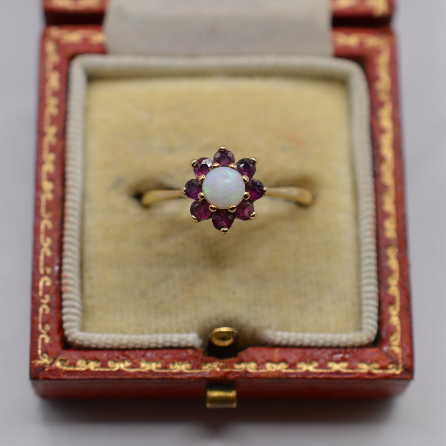 1970s Vintage 9ct Gold Opal & Ruby Cluster Ring