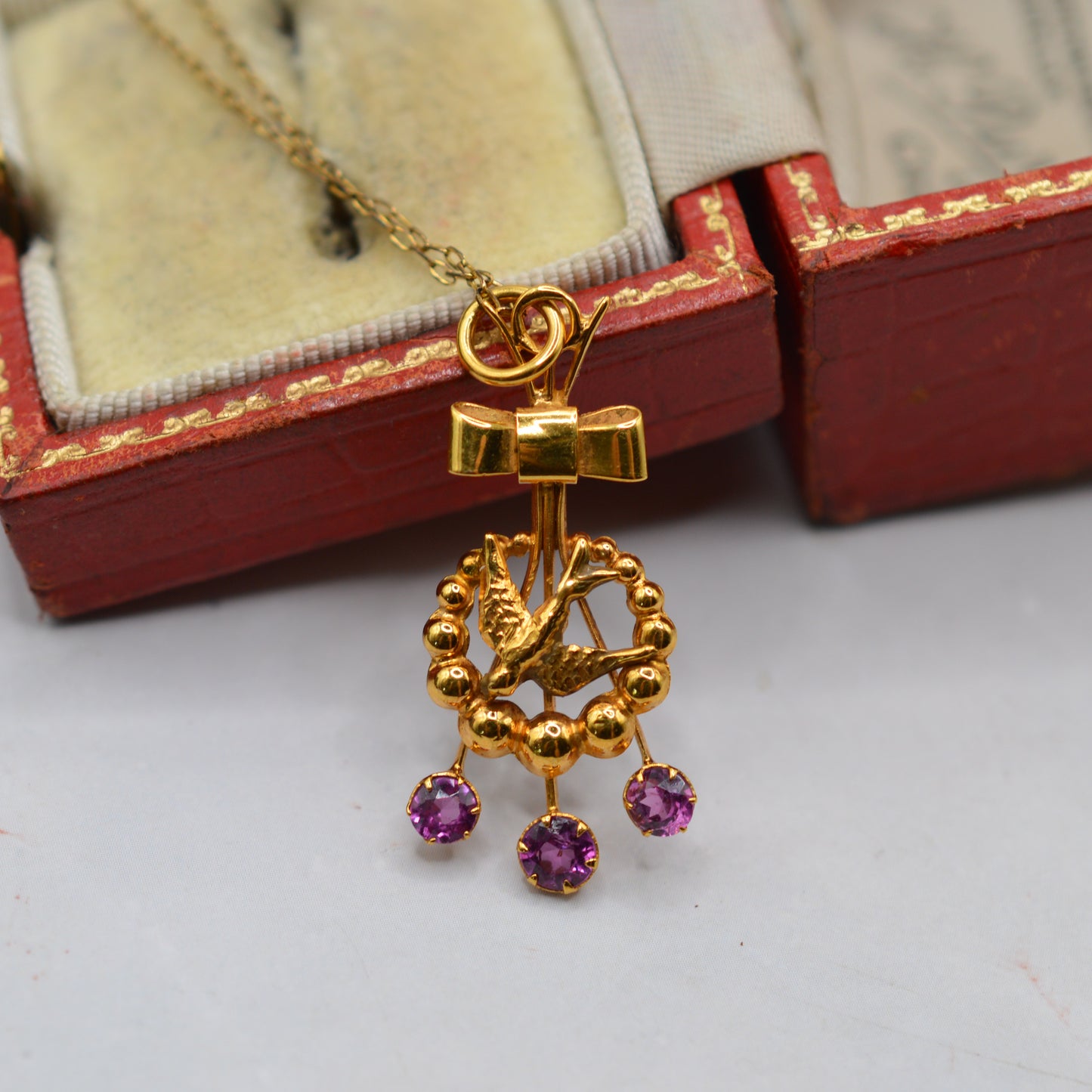 Antique Victorian 9ct Gold Swallow & Bow Tourmaline Pendant Necklace