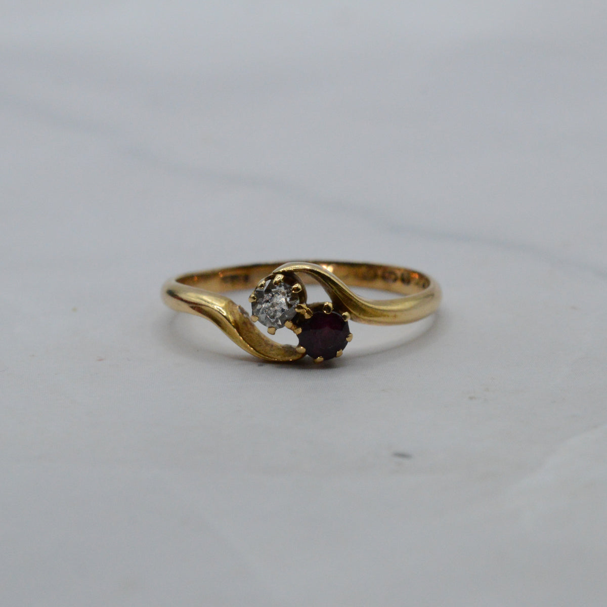RESERVED 1943 Vintage 18ct Gold Ruby & Diamond Toi-et-Moi Ring