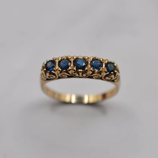 1970s Vintage 9ct Gold Sapphire Five-Stone Ring