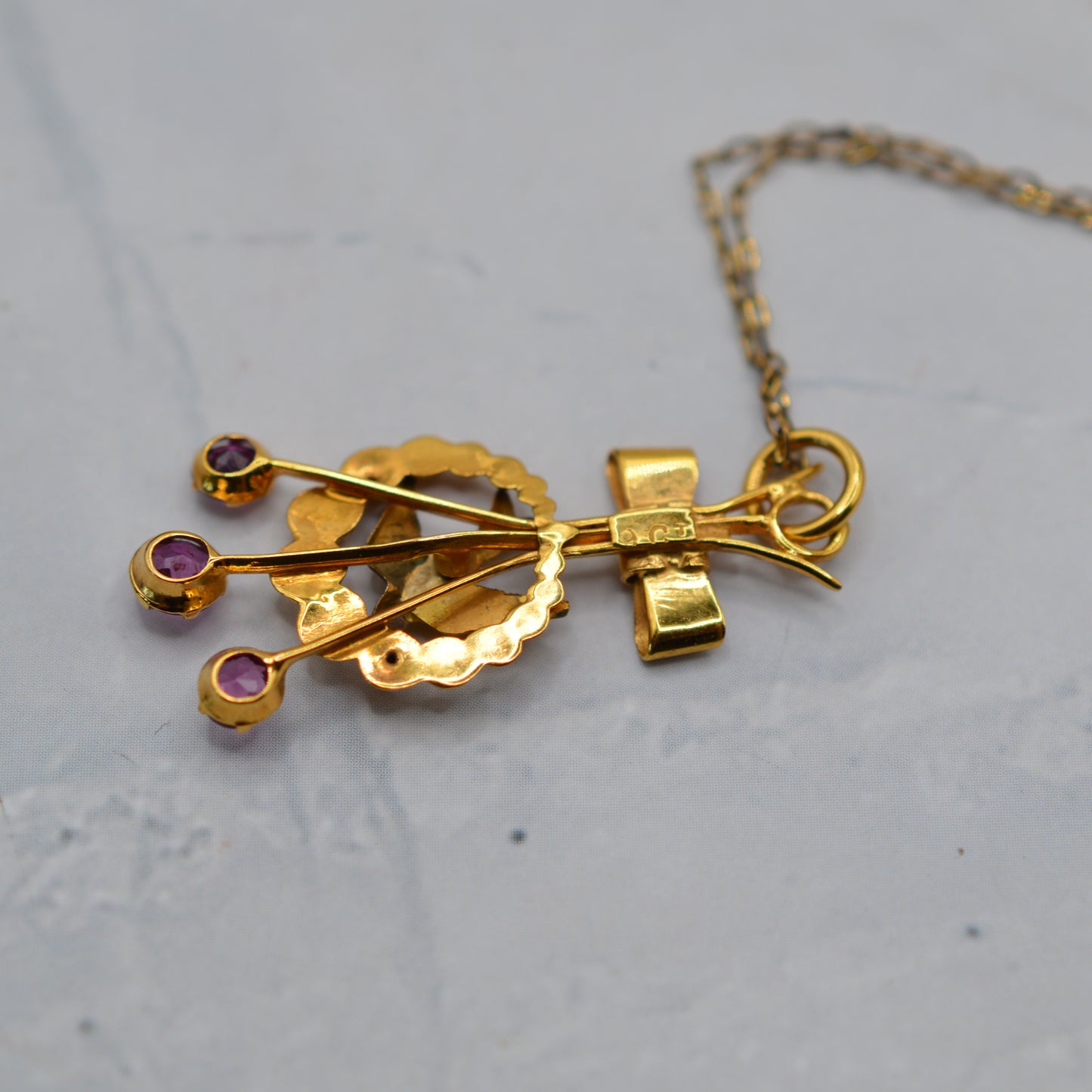 Antique Victorian 9ct Gold Swallow & Bow Tourmaline Pendant Necklace