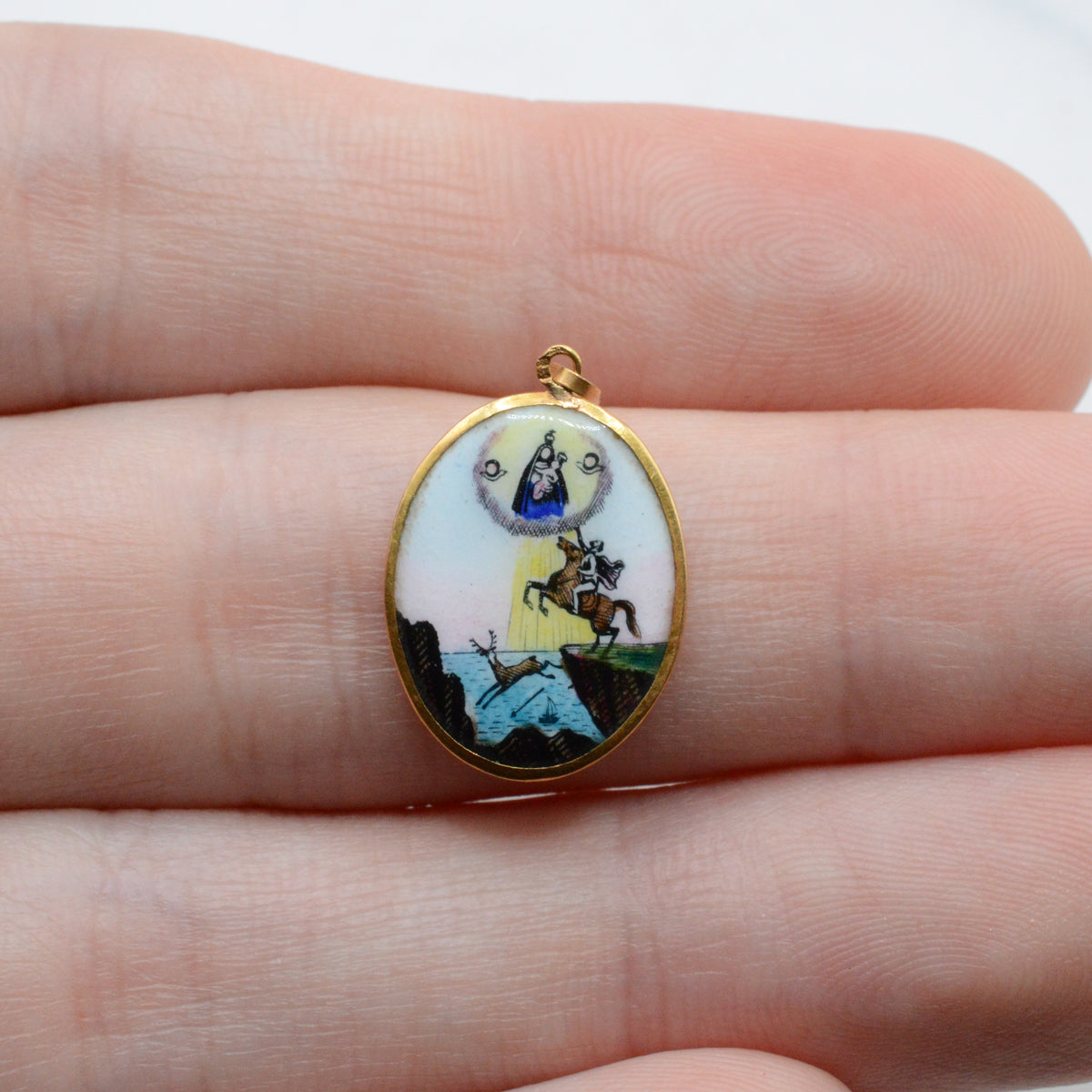 Portuguese 19.2ct Gold Enamel 'Our Lady of Nazaré' Pendant