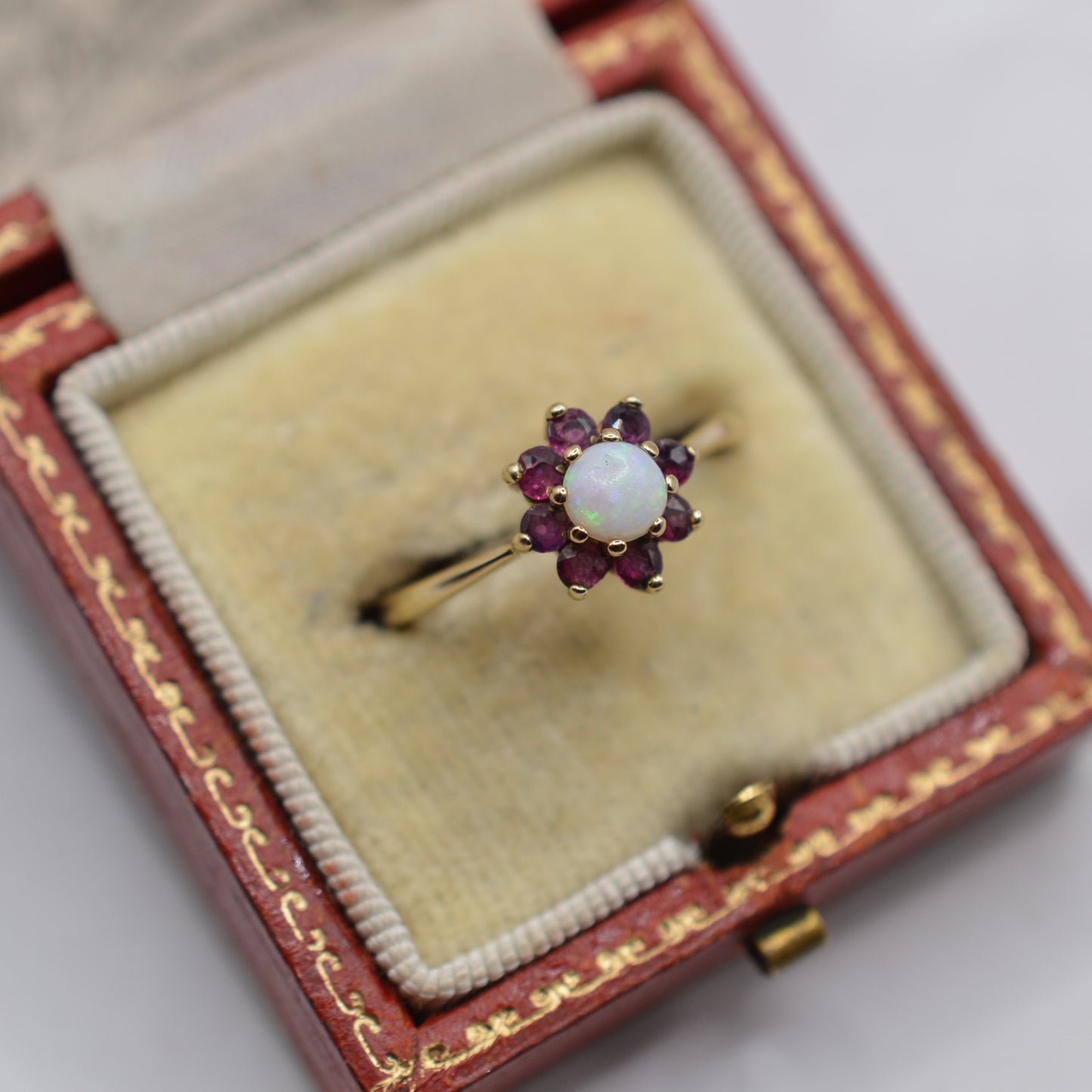 1970s Vintage 9ct Gold Opal & Ruby Cluster Ring