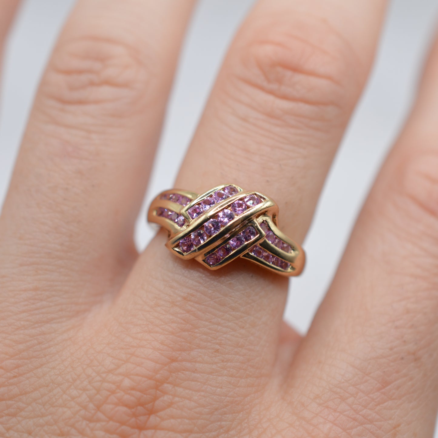 Y2K Chunky 9ct Gold Pink Topaz Crossover Ring