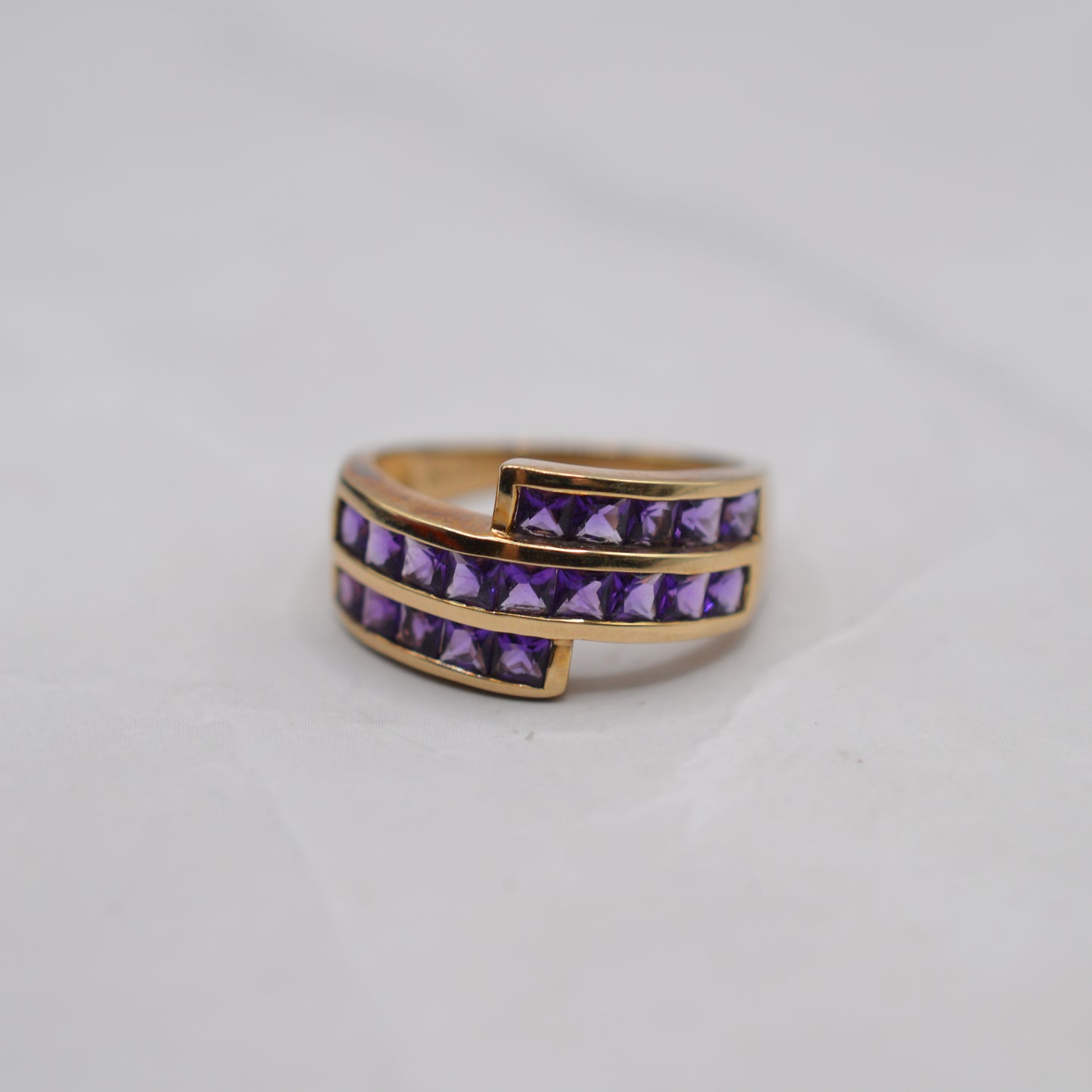Chunky 9ct Gold Amethyst Channel-Set Crossover Ring