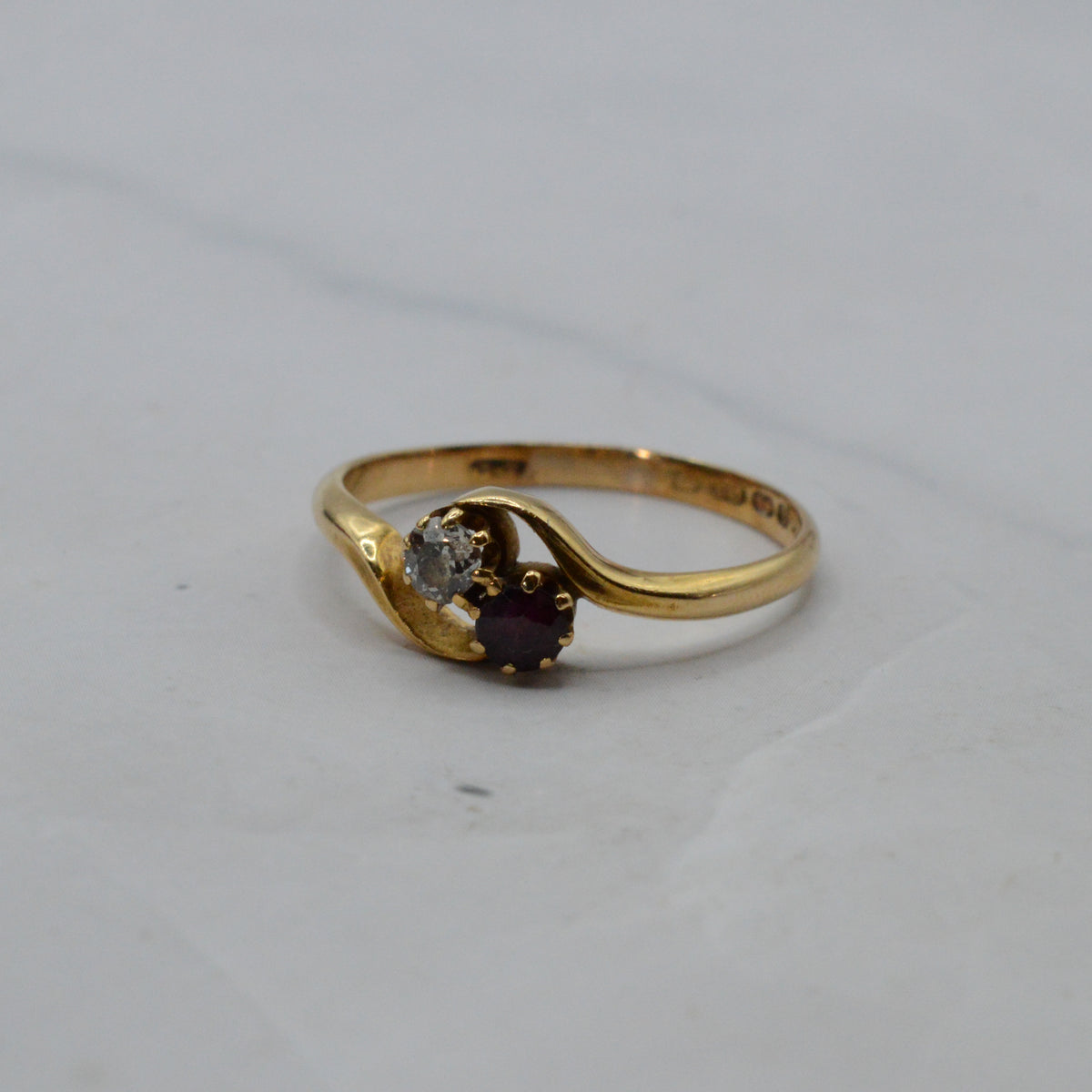 RESERVED 1943 Vintage 18ct Gold Ruby & Diamond Toi-et-Moi Ring