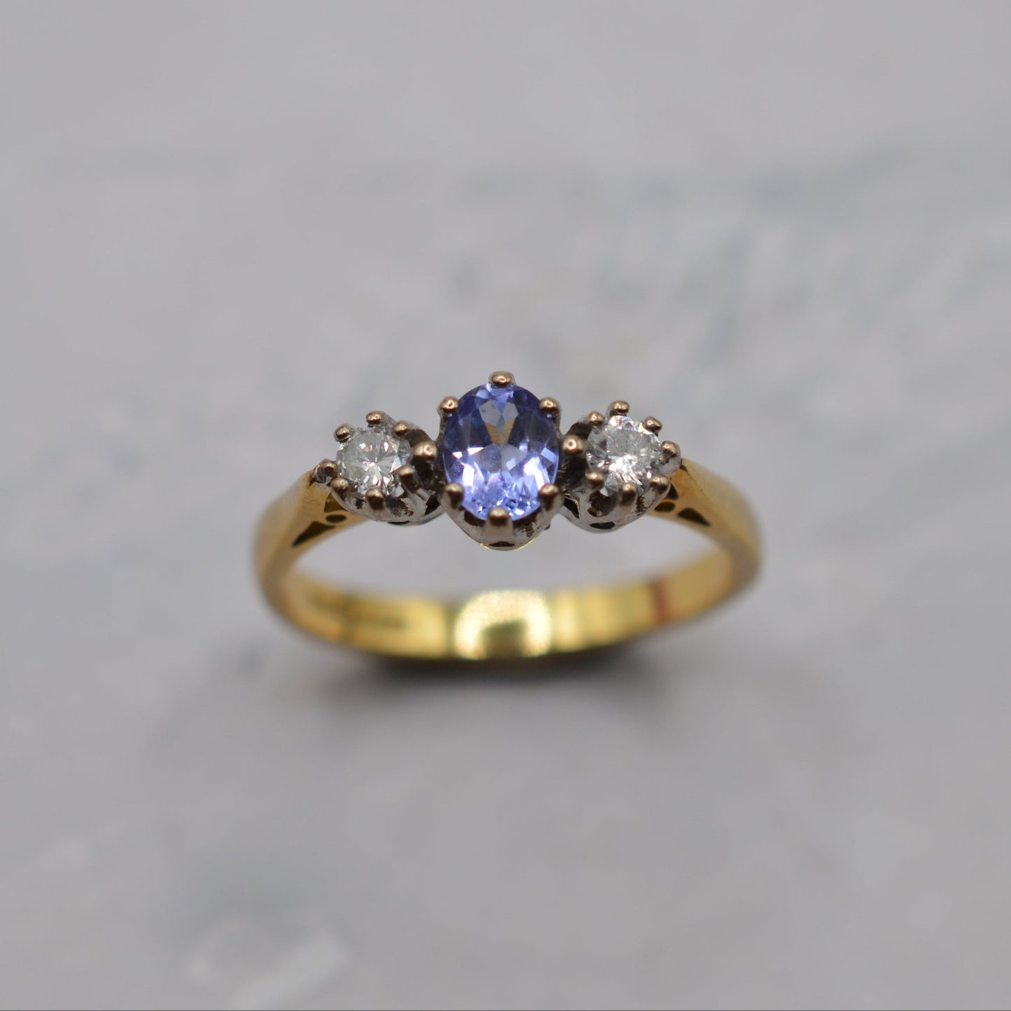 1990s 18ct Gold Tanzanite & Diamond Trilogy Ring