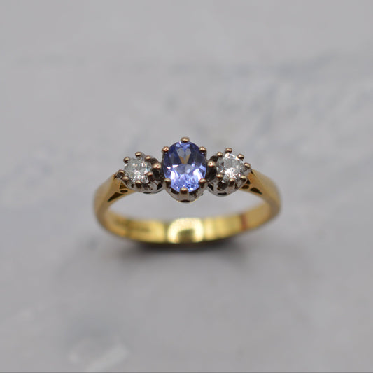 1990s 18ct Gold Tanzanite & Diamond Trilogy Ring