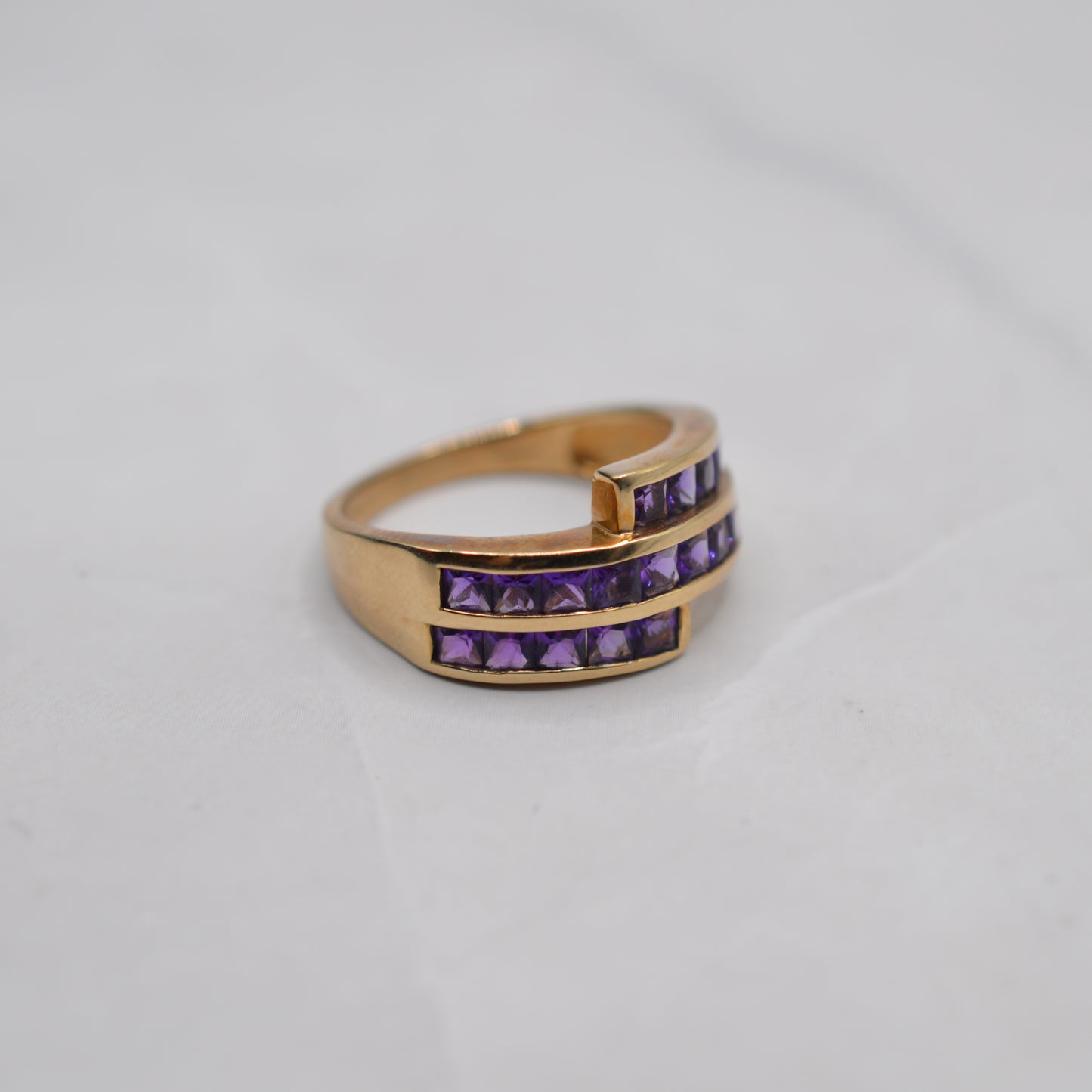 Chunky 9ct Gold Amethyst Channel-Set Crossover Ring