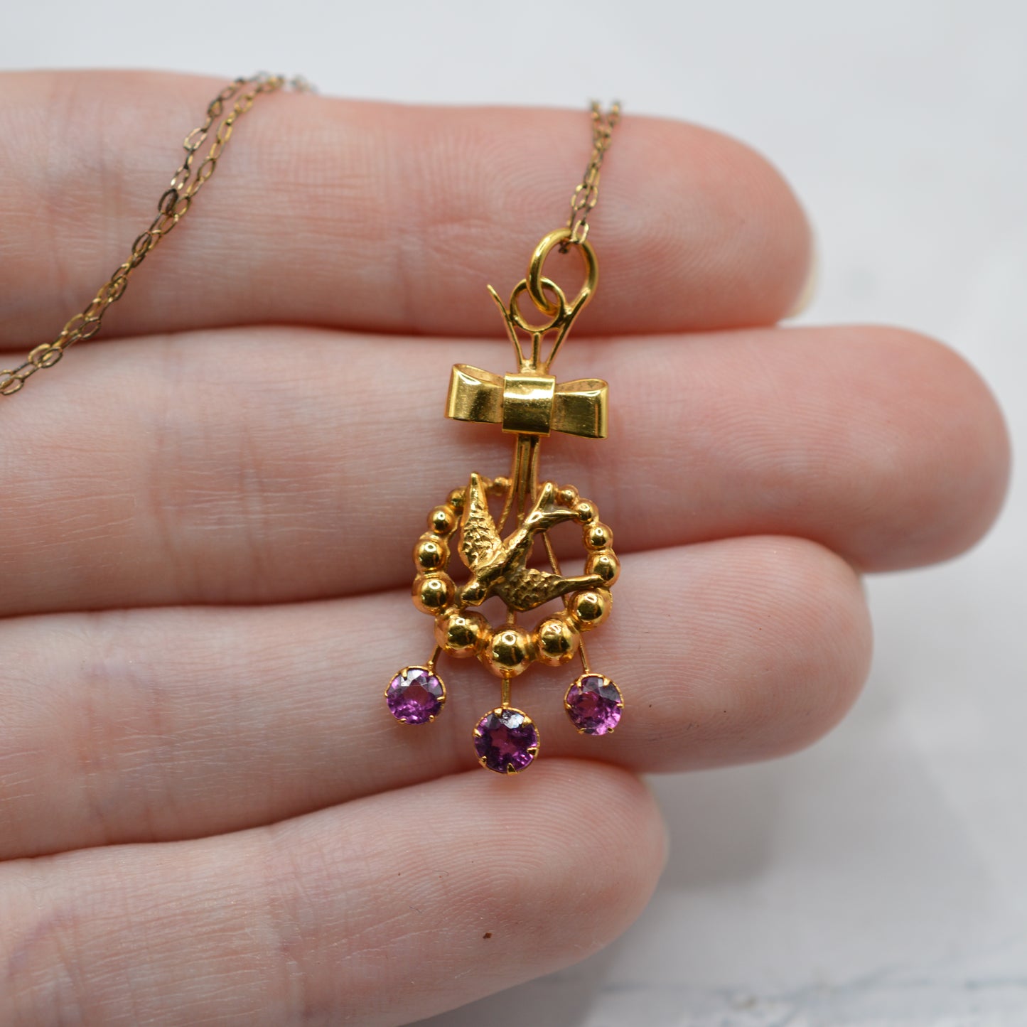 Antique Victorian 9ct Gold Swallow & Bow Tourmaline Pendant Necklace