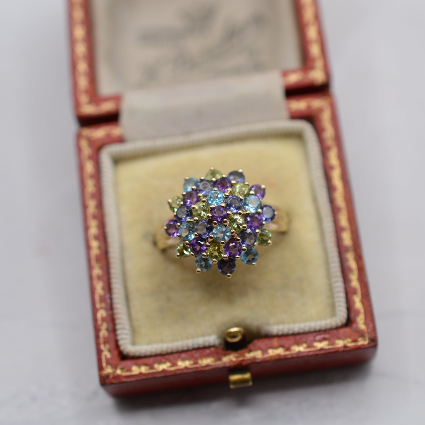 Chunky Y2K 9ct Gold Multi-Gem Cluster Ring – Amethyst, Peridot, Topaz & Iolite