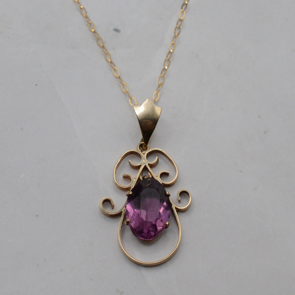 Antique Edwardian 9ct Gold Purple Paste Pendant Necklace (16”)