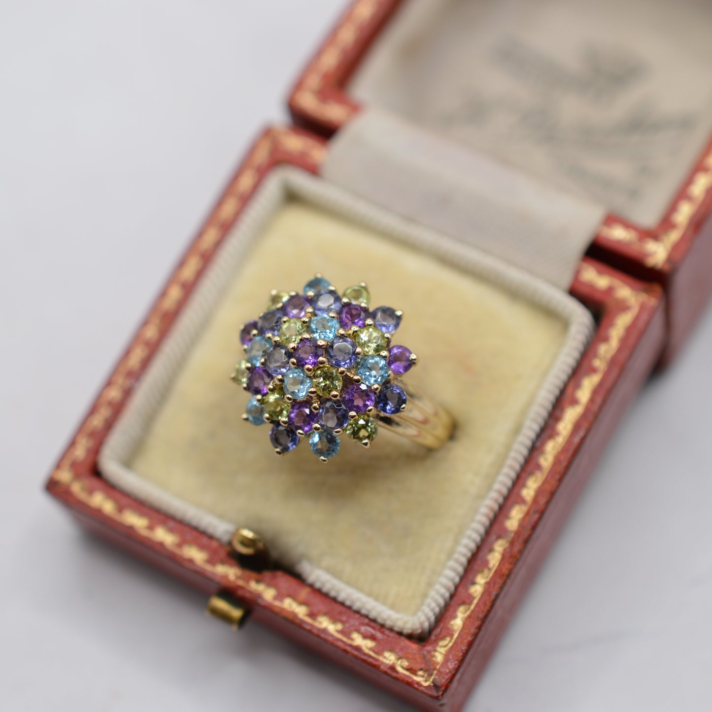 Chunky Y2K 9ct Gold Multi-Gem Cluster Ring – Amethyst, Peridot, Topaz & Iolite